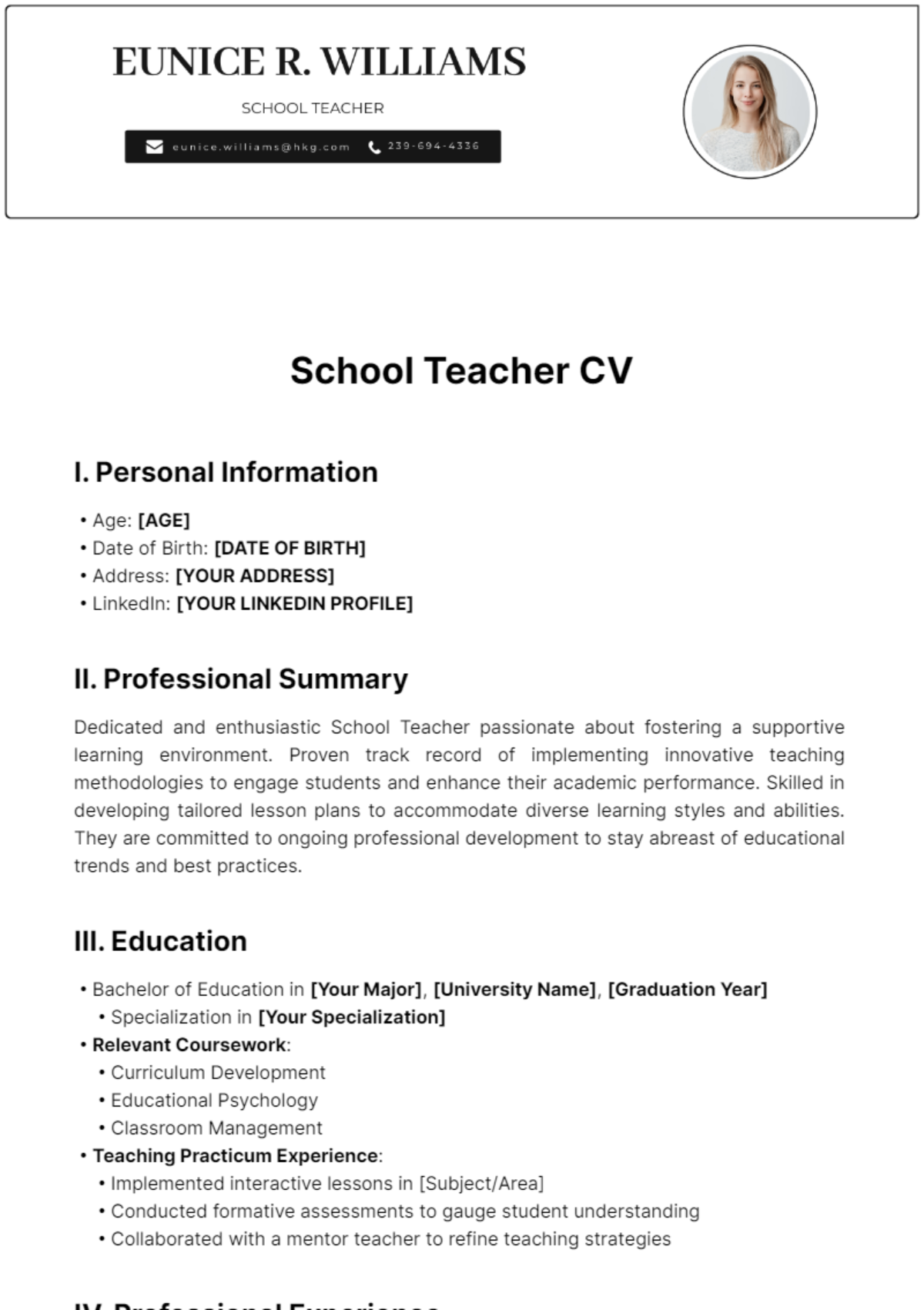 School Teacher CV Template