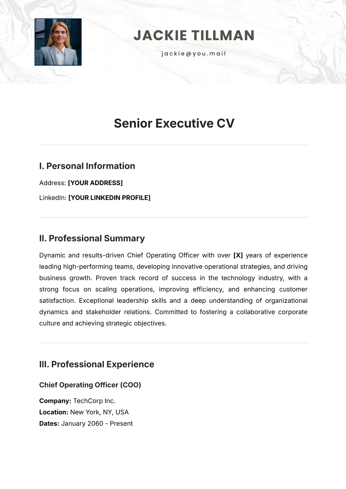 Aesthetic Senior Executive CV Template - Edit Online & Download