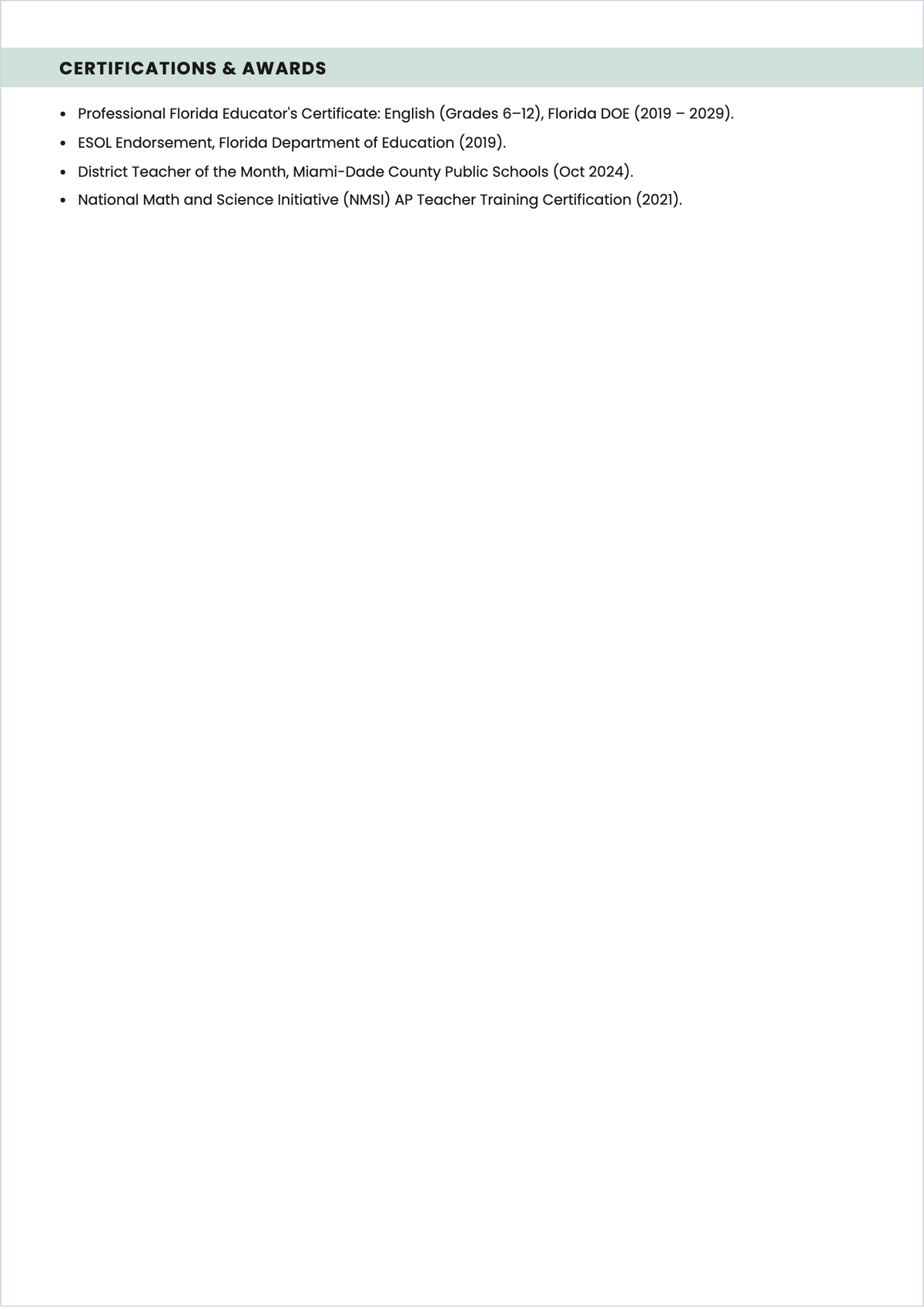 Free High School English Teacher ATS CV Template, AI CV Builder