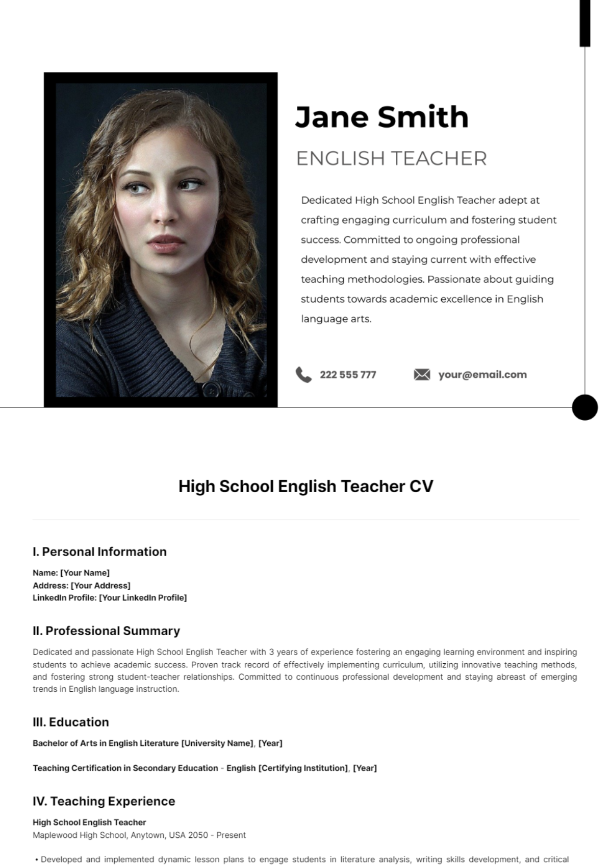 High School English Teacher CV Template