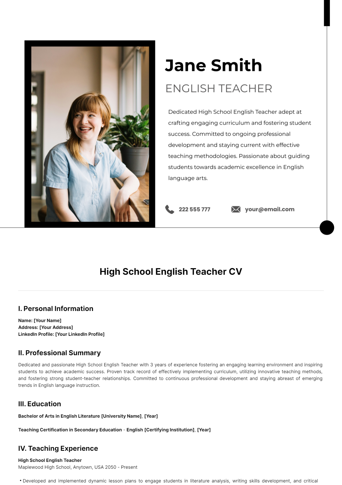 High School English Teacher CV Template - Edit Online & Download