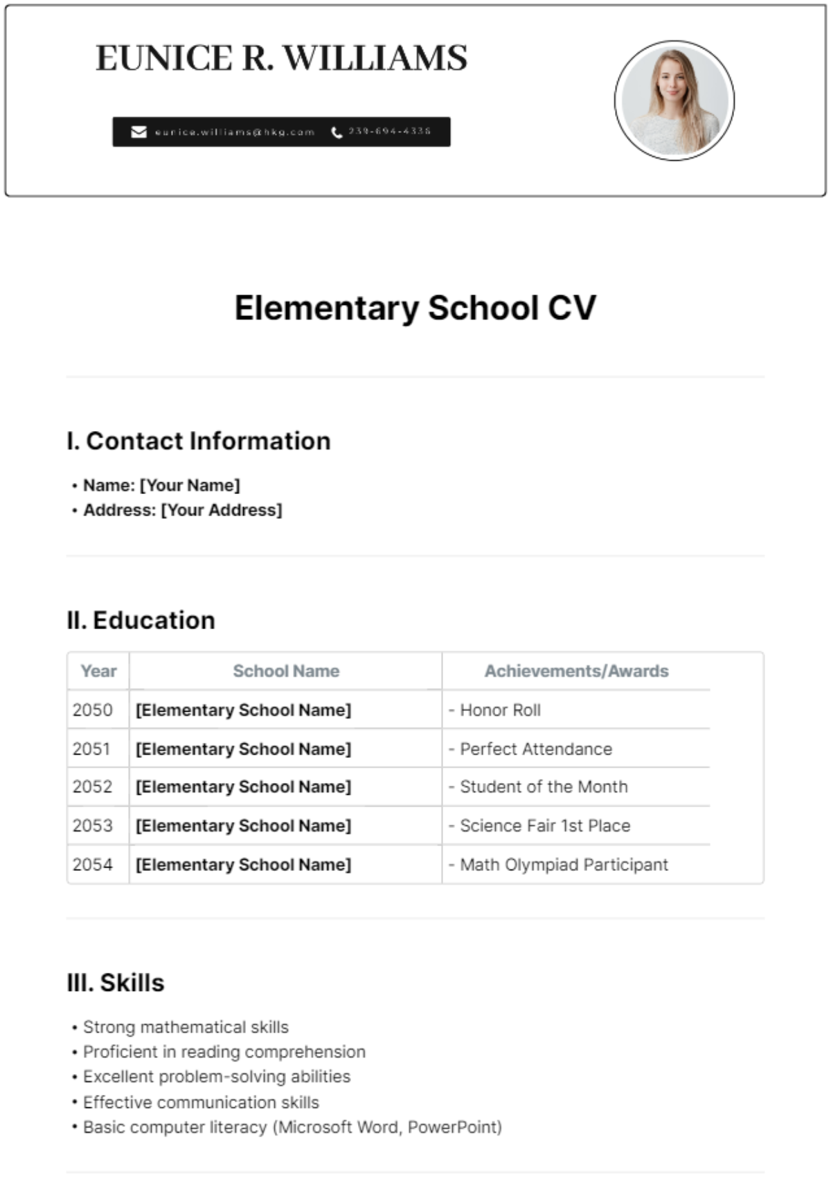 Elementary School CV Template