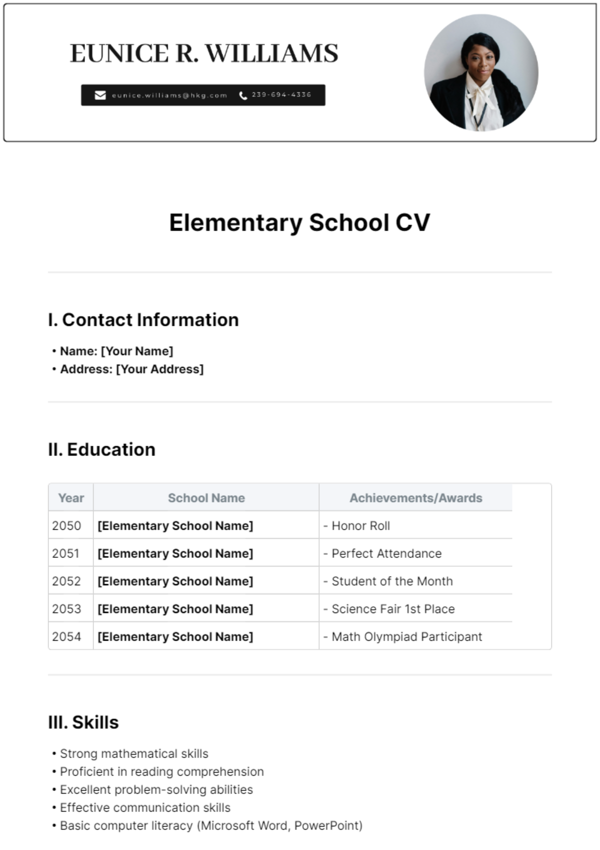 Elementary School CV Template - Edit Online & Download