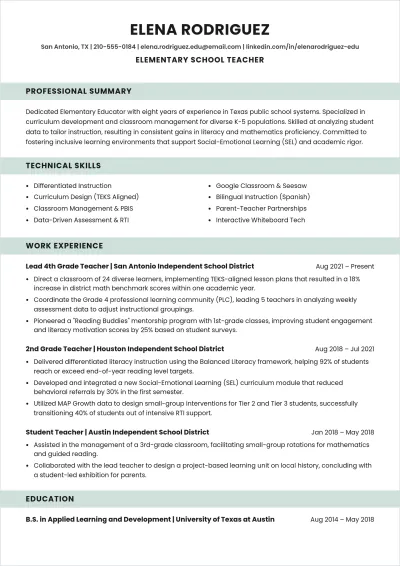 Free Elementary School ATS CV Template, AI CV Builder