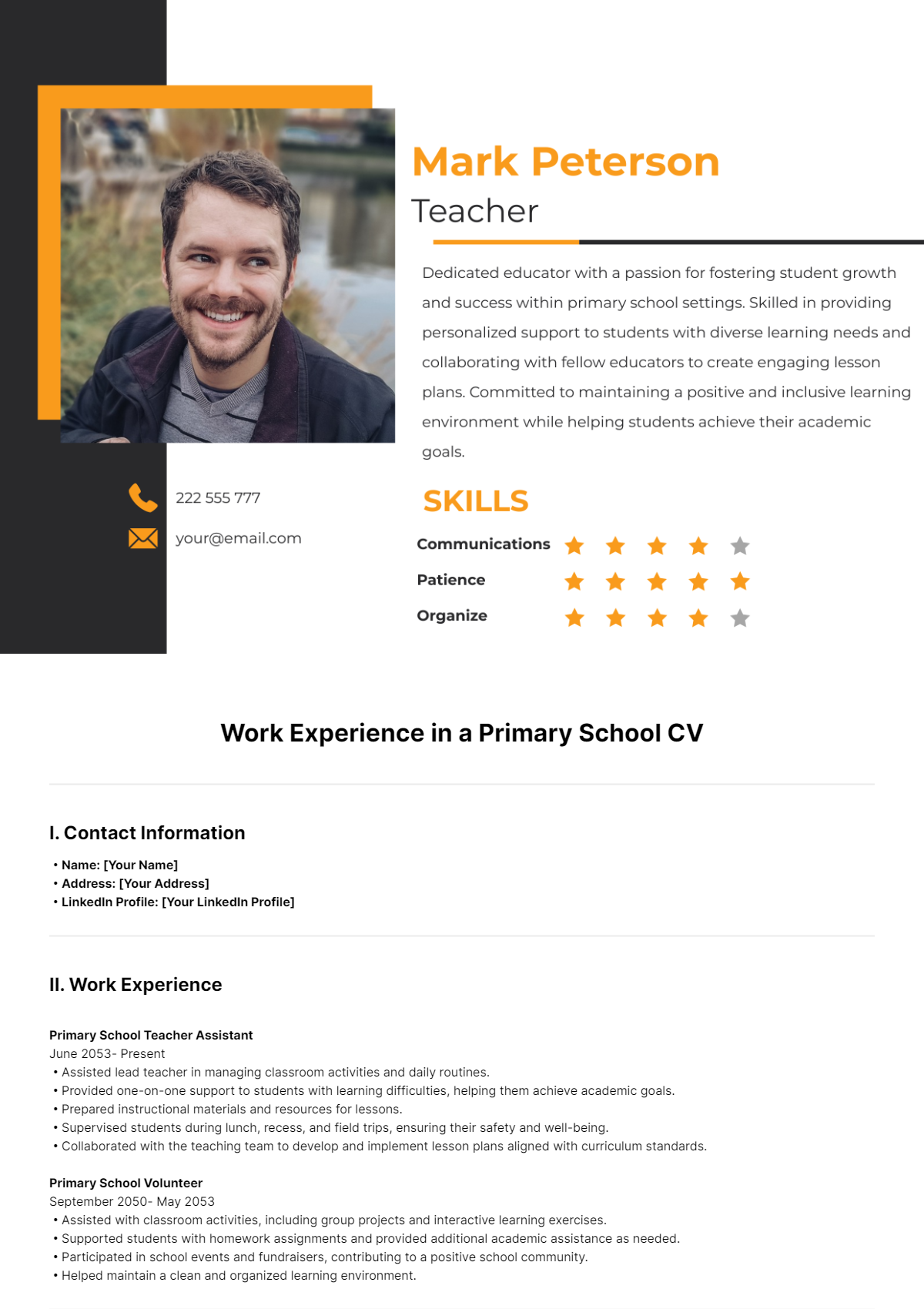 Work Experience in a Primary School CV Template - Edit Online & Download