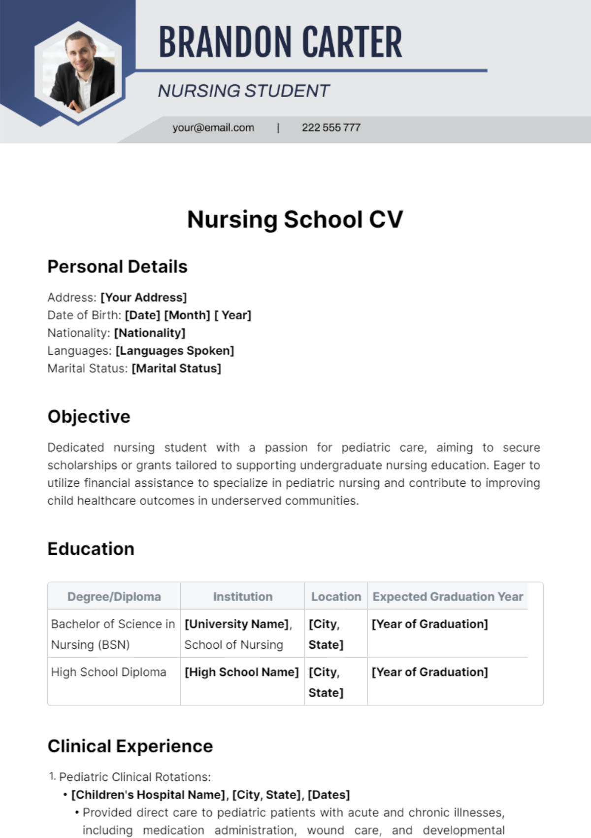 Nursing School CV Template - Edit Online & Download