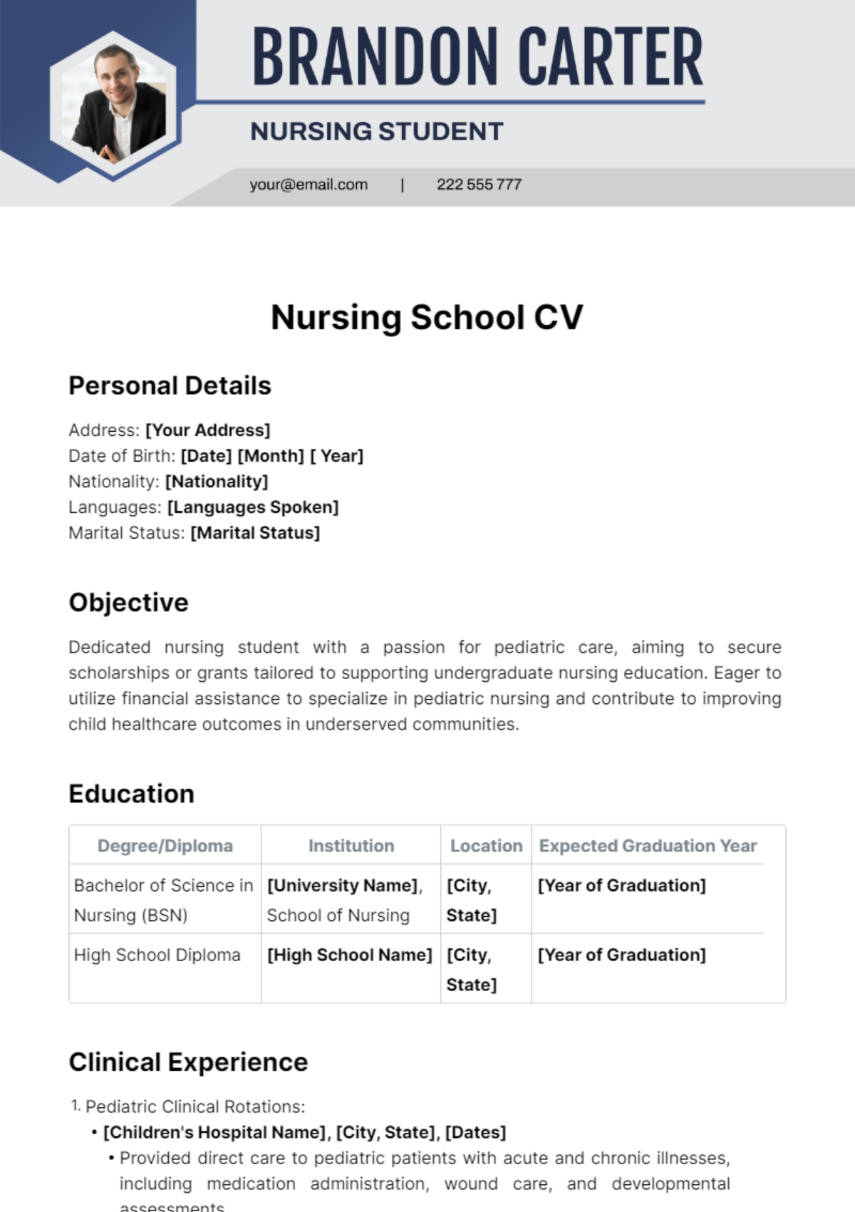 Nursing School CV Template