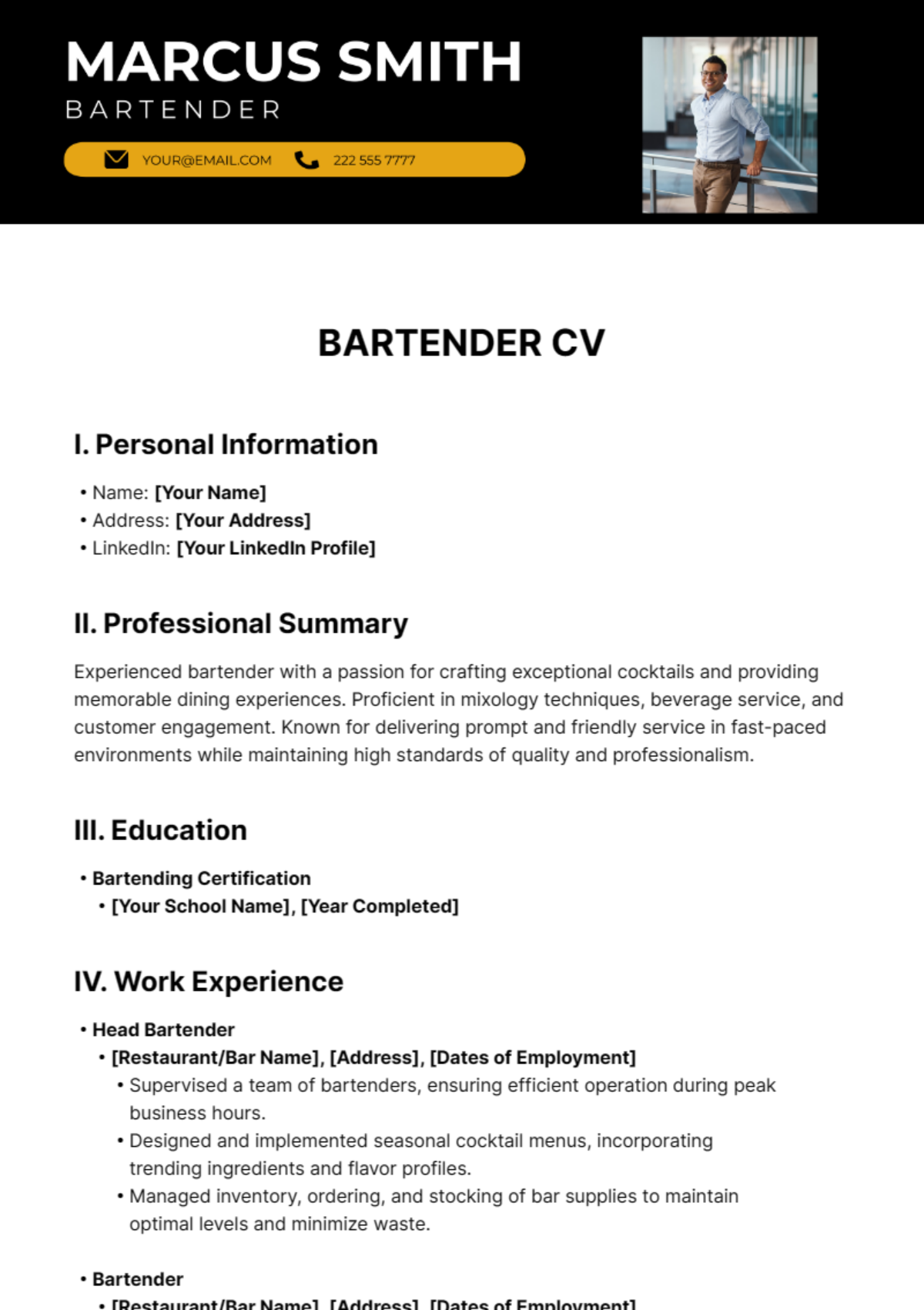 Bartender CV Template - Edit Online & Download