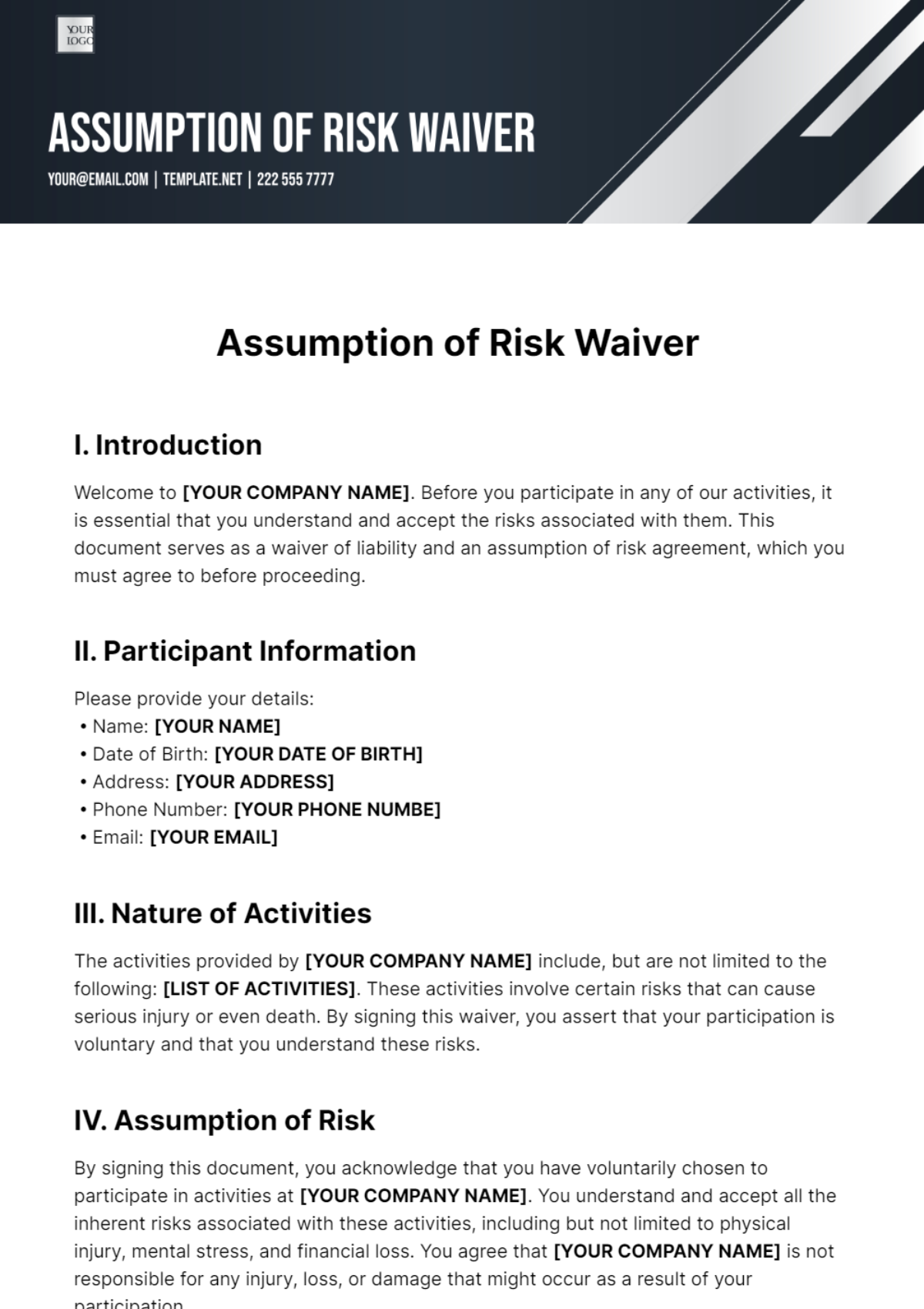 Assumption Of Risk Waiver Template