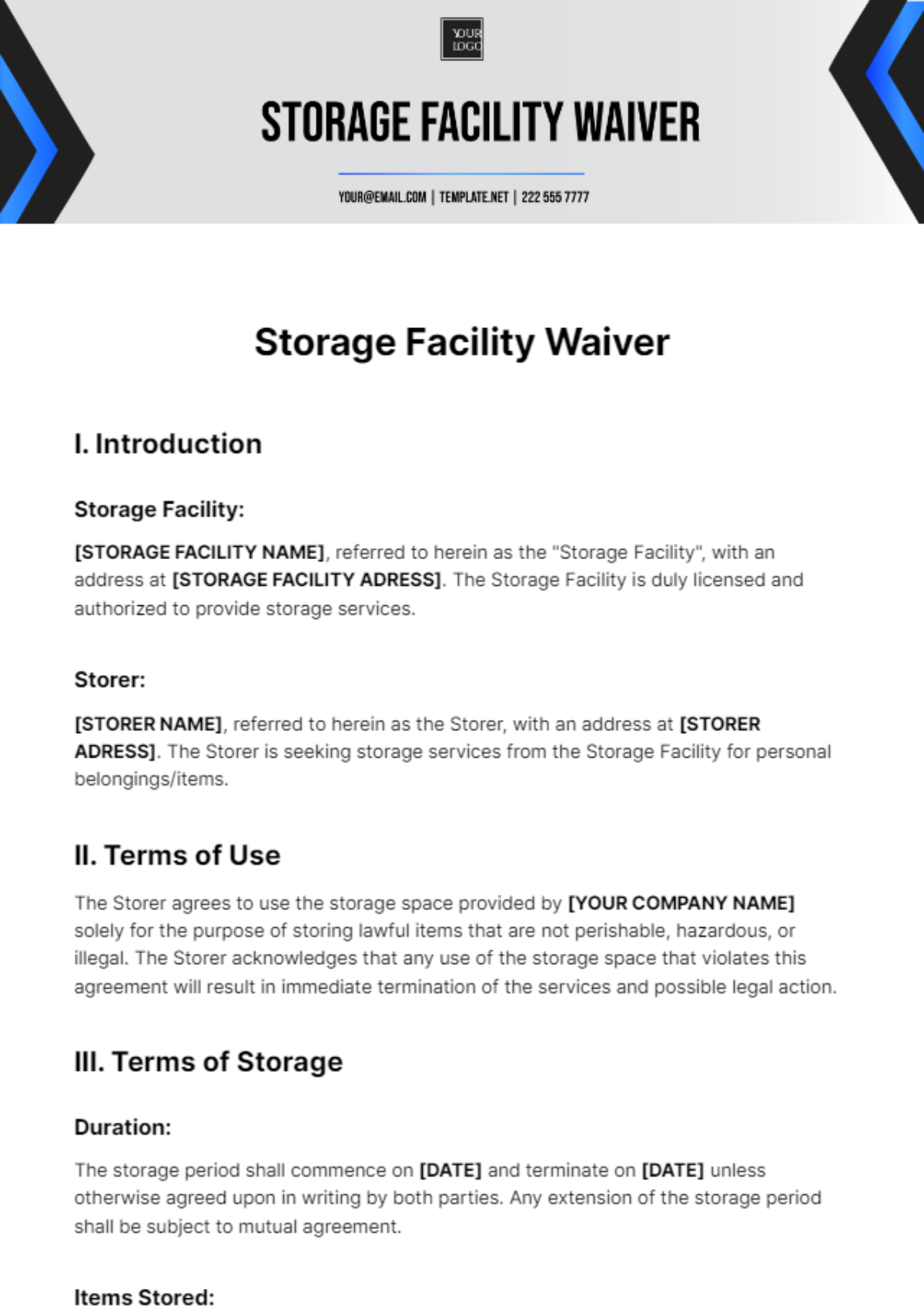 Free Storage Waiver Template