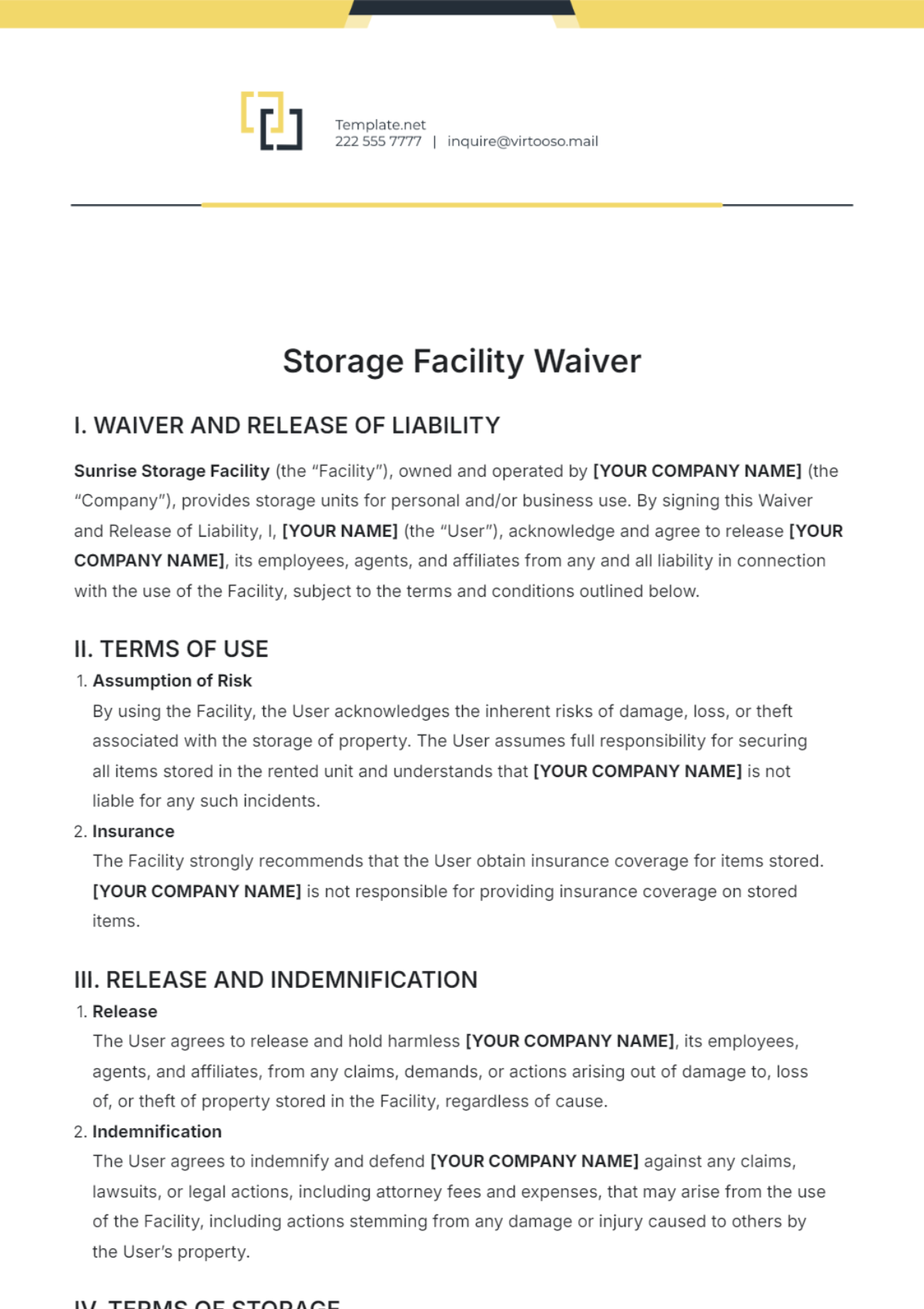 Storage Waiver Template - Edit Online & Download