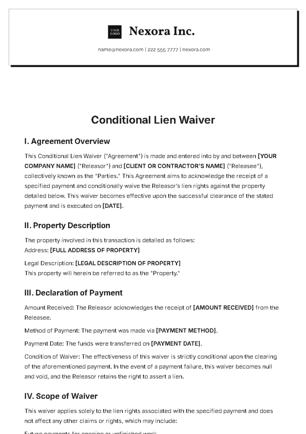 Conditional Lien Waiver Template - Edit Online & Download