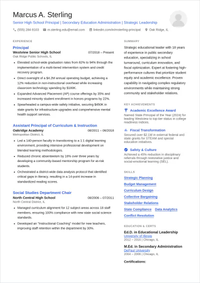 Free School Principal ATS CV Template, AI CV Builder