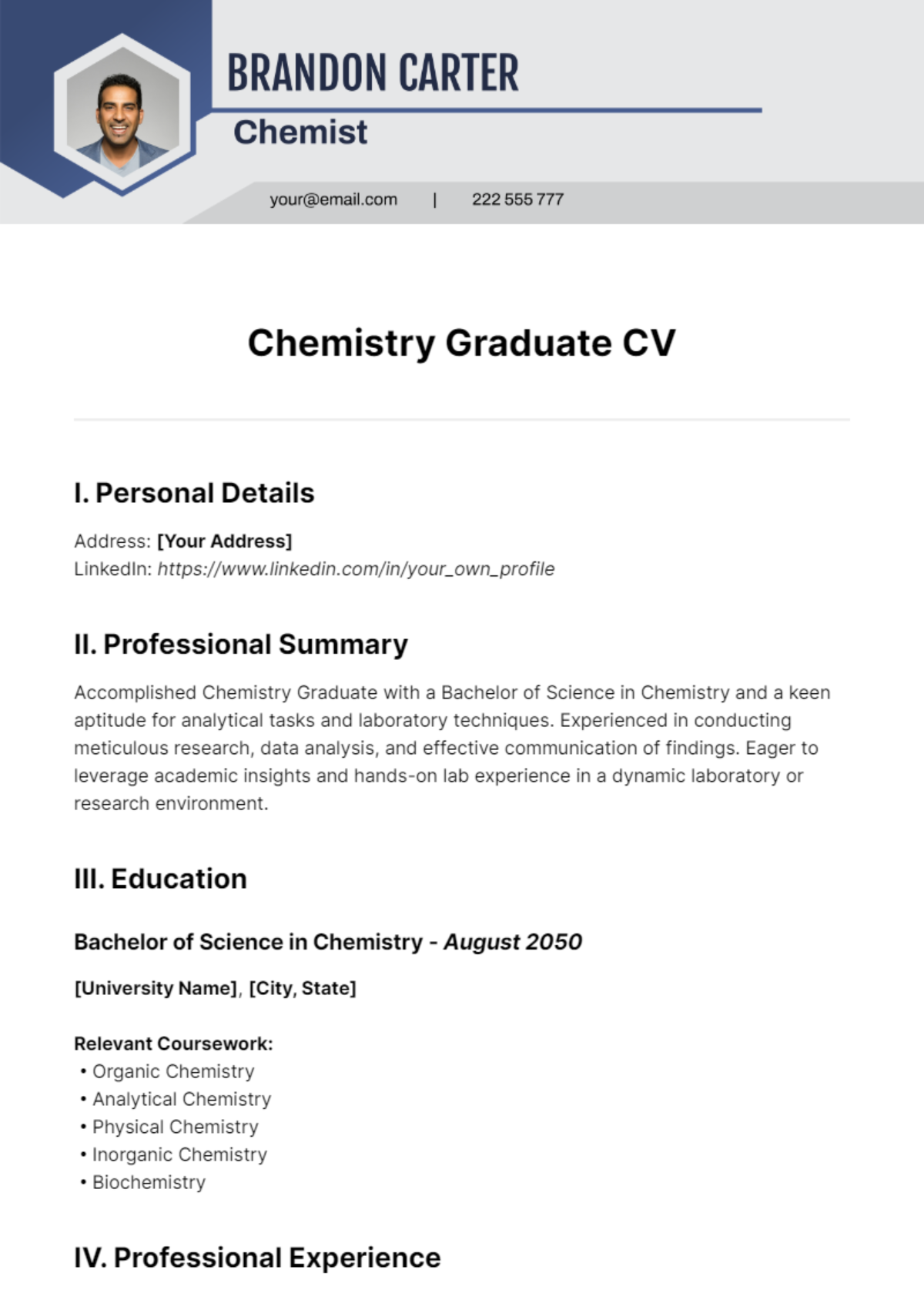 Free Chemistry Graduate CV Template