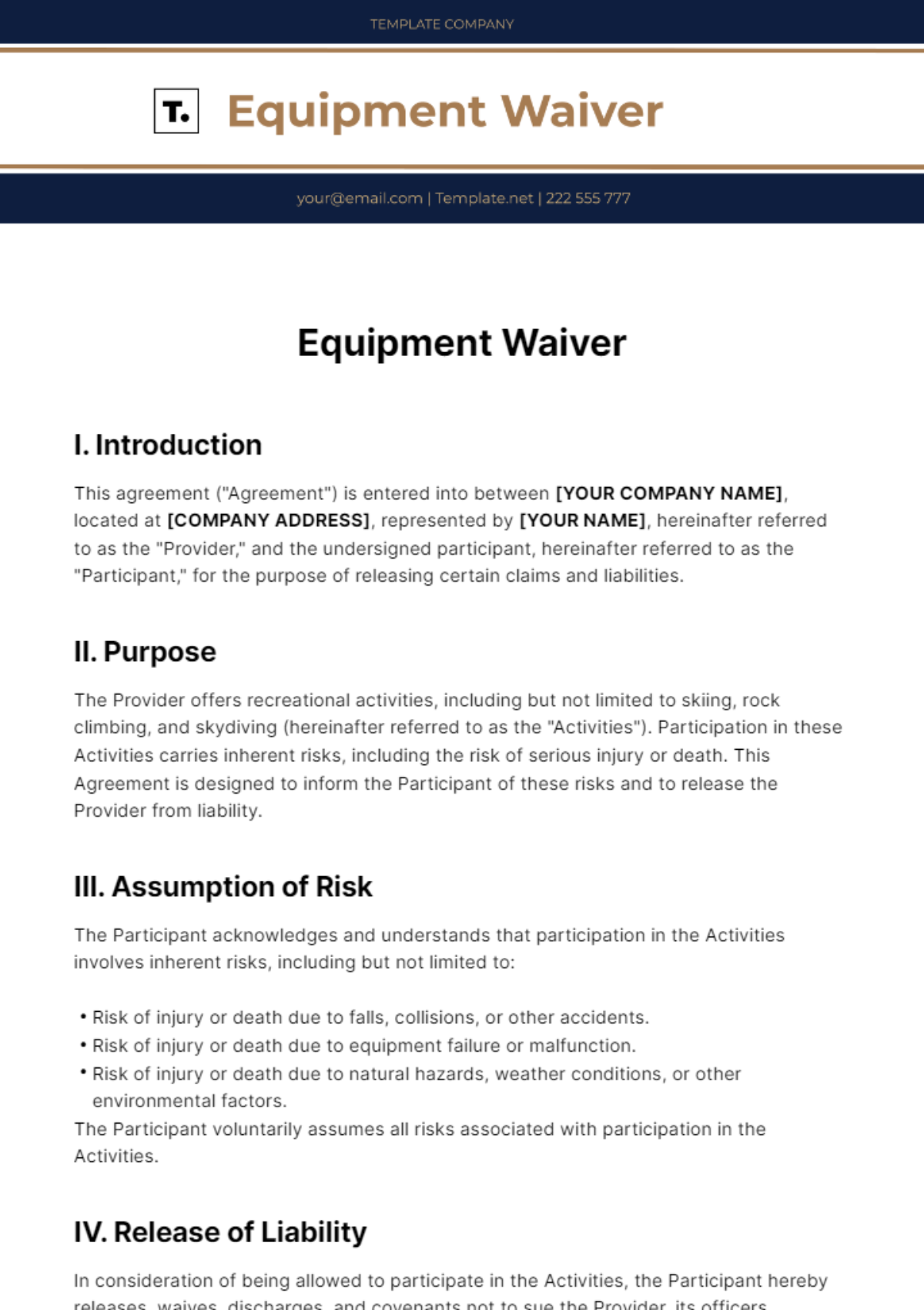 Free Equipment Waiver Template