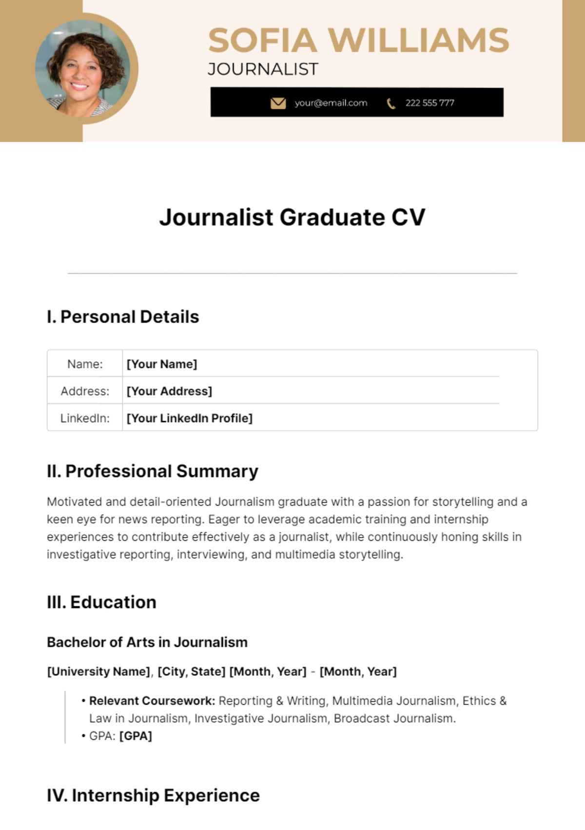 Free Journalist Graduate CV Template