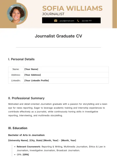 Free Journalist Graduate CV Template to Edit Online