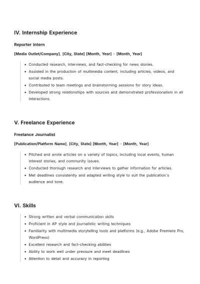 Free Journalist Graduate CV Template to Edit Online