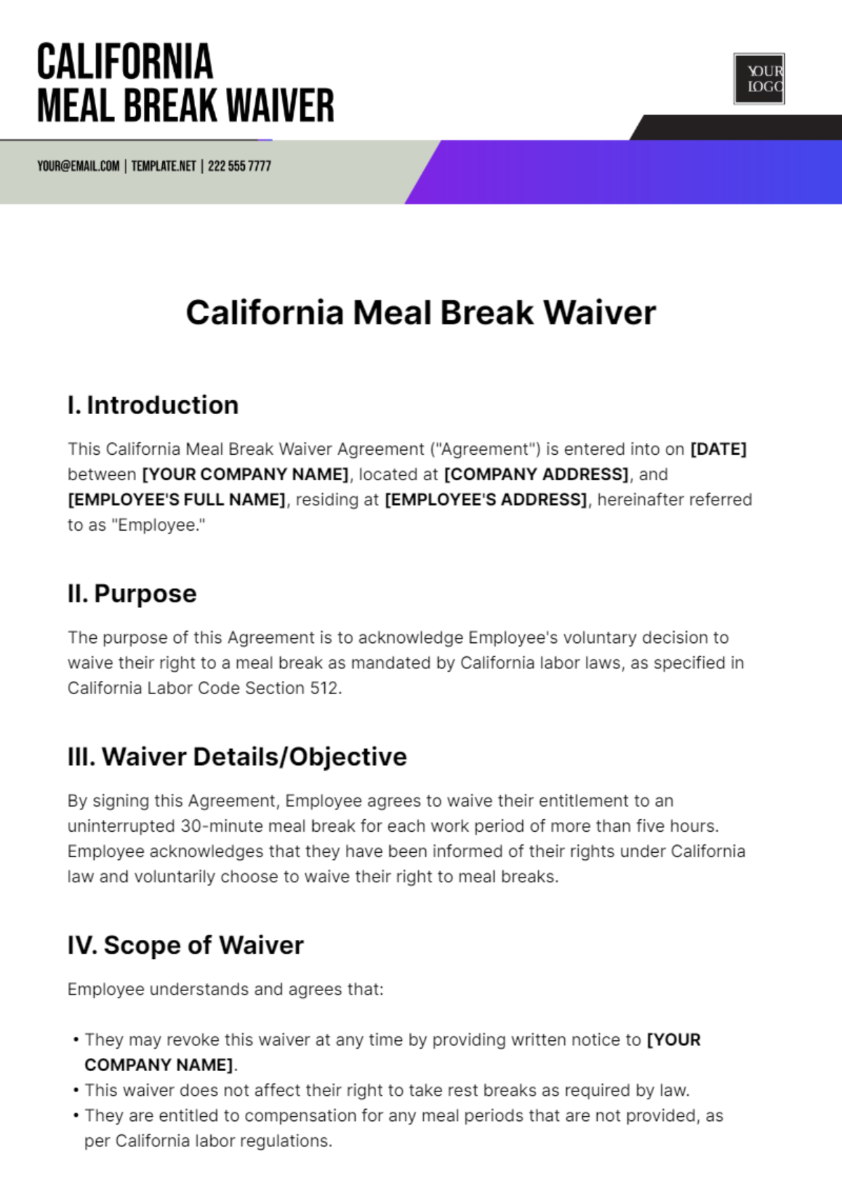 Free California Meal Break Waiver Template