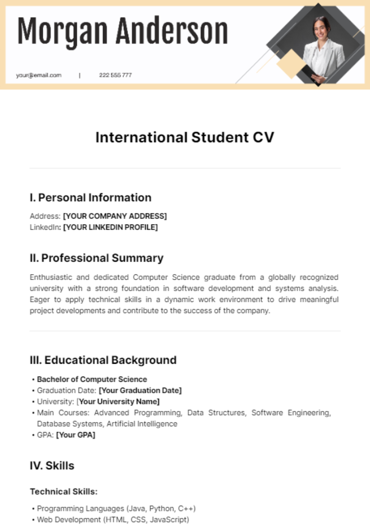 International Student CV Template