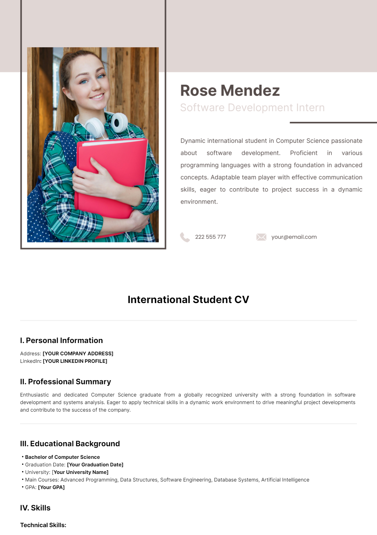 Free International Student CV Template