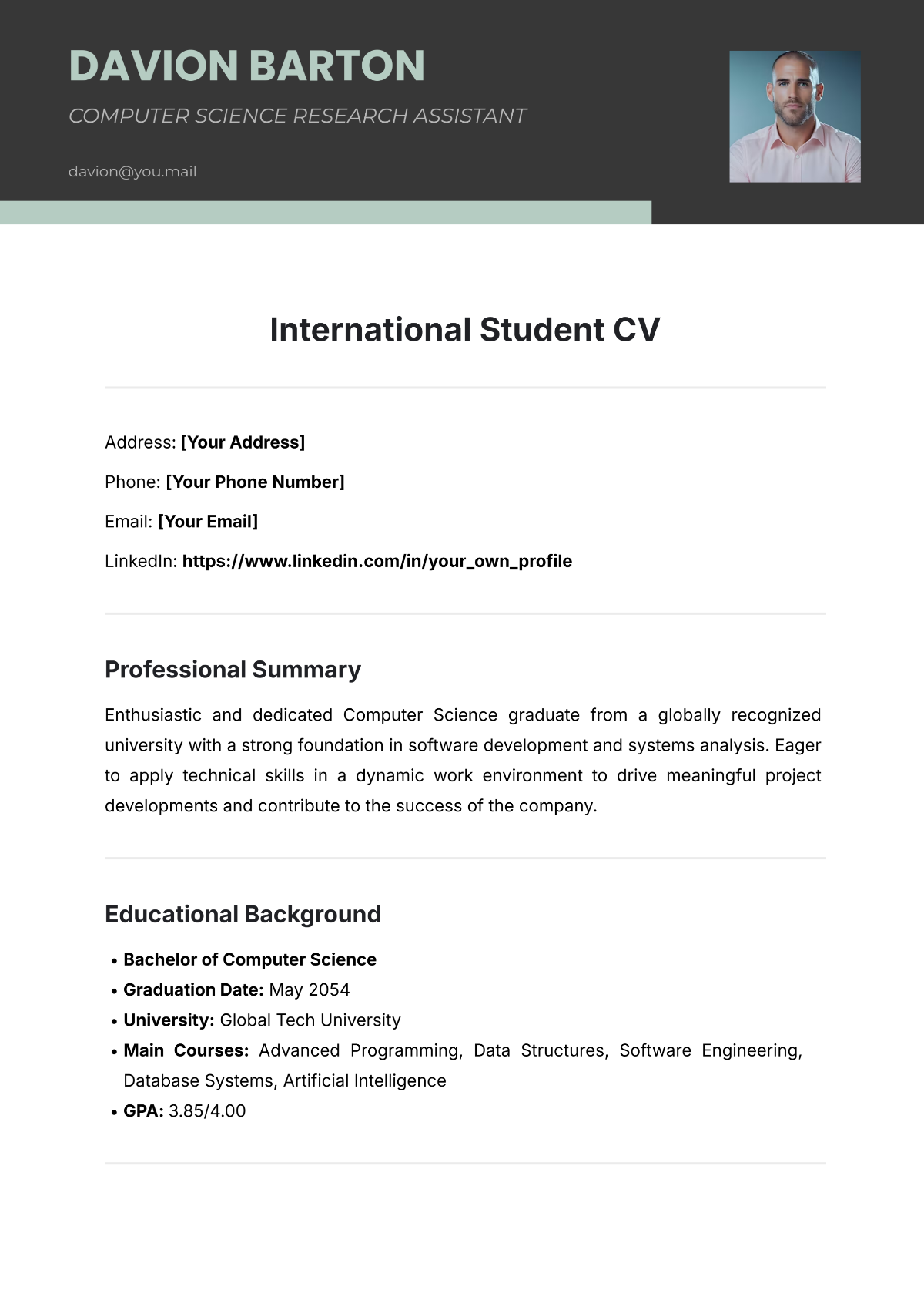 Free International Student CV Template