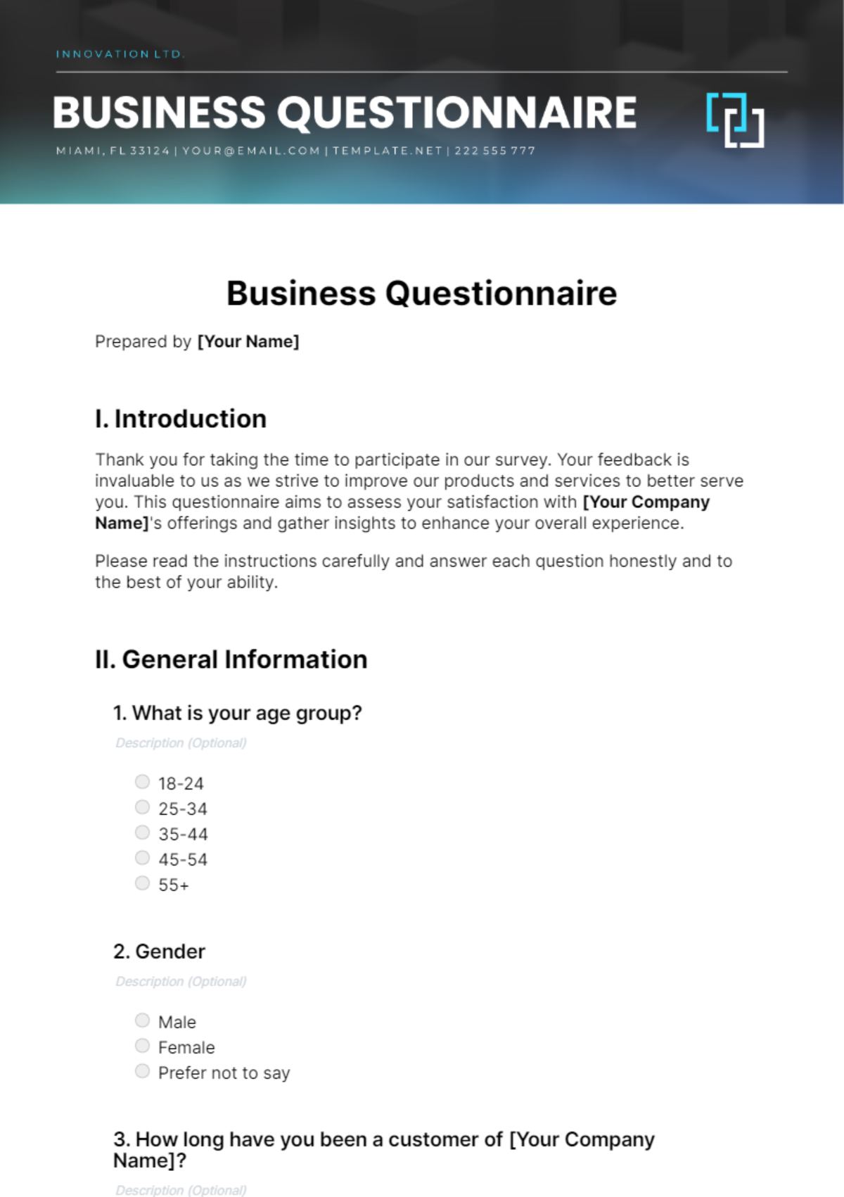 Business Questionnaire Form Template