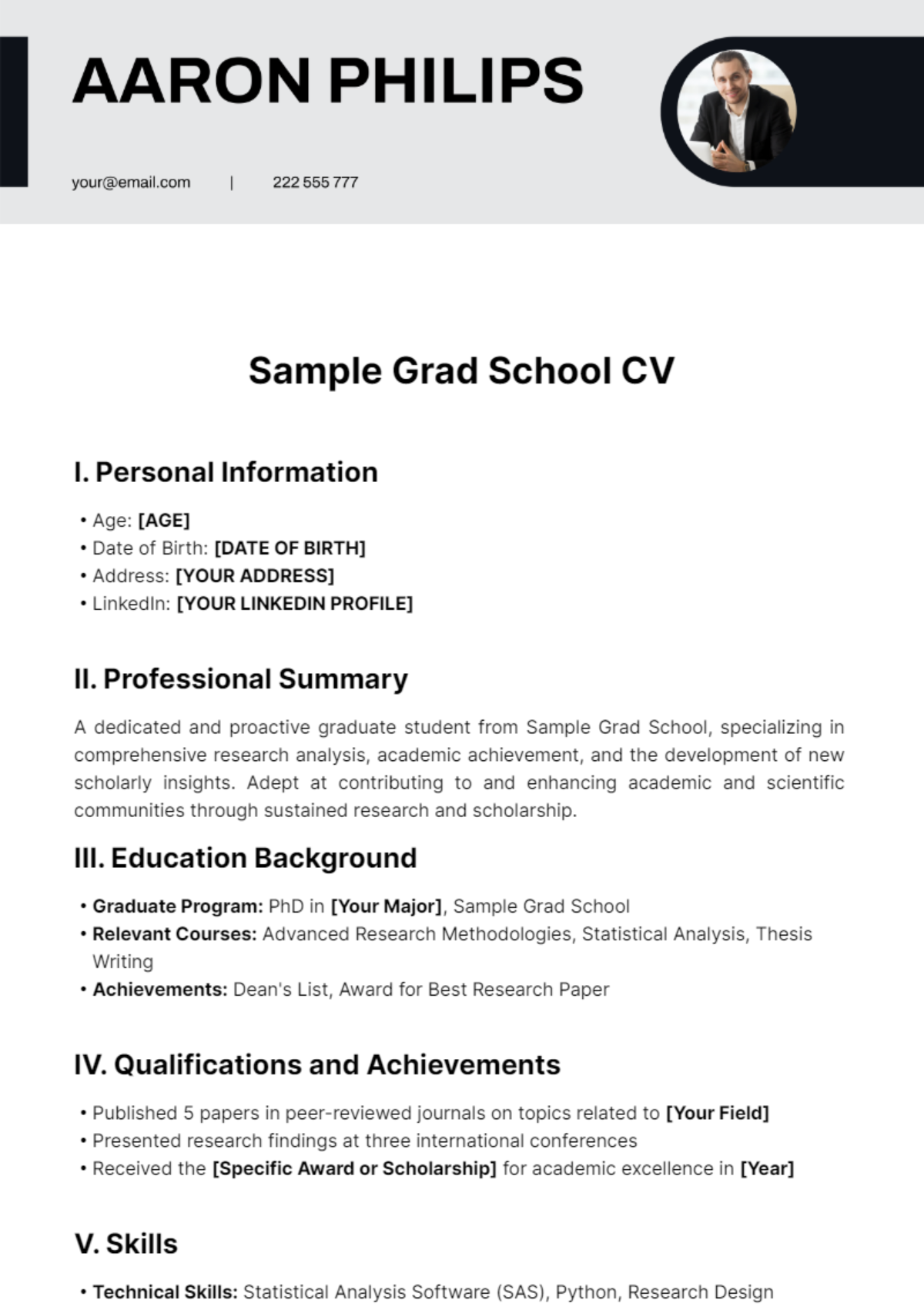 Sample Grad School CV Template