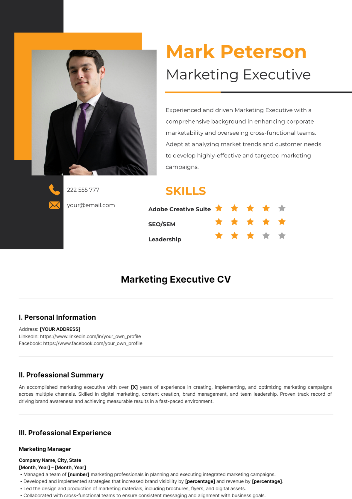 Marketing Executive CV Template - Edit Online & Download