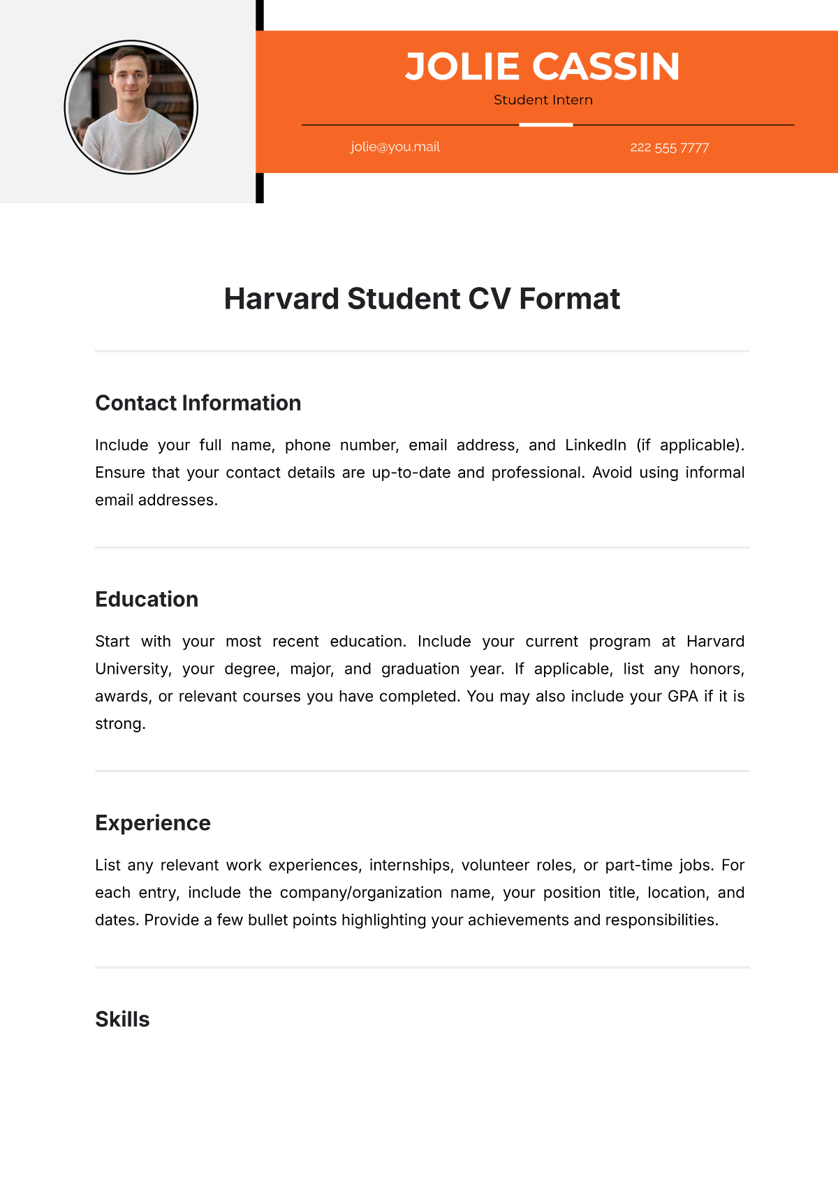 Free Harvard Student CV Format Template