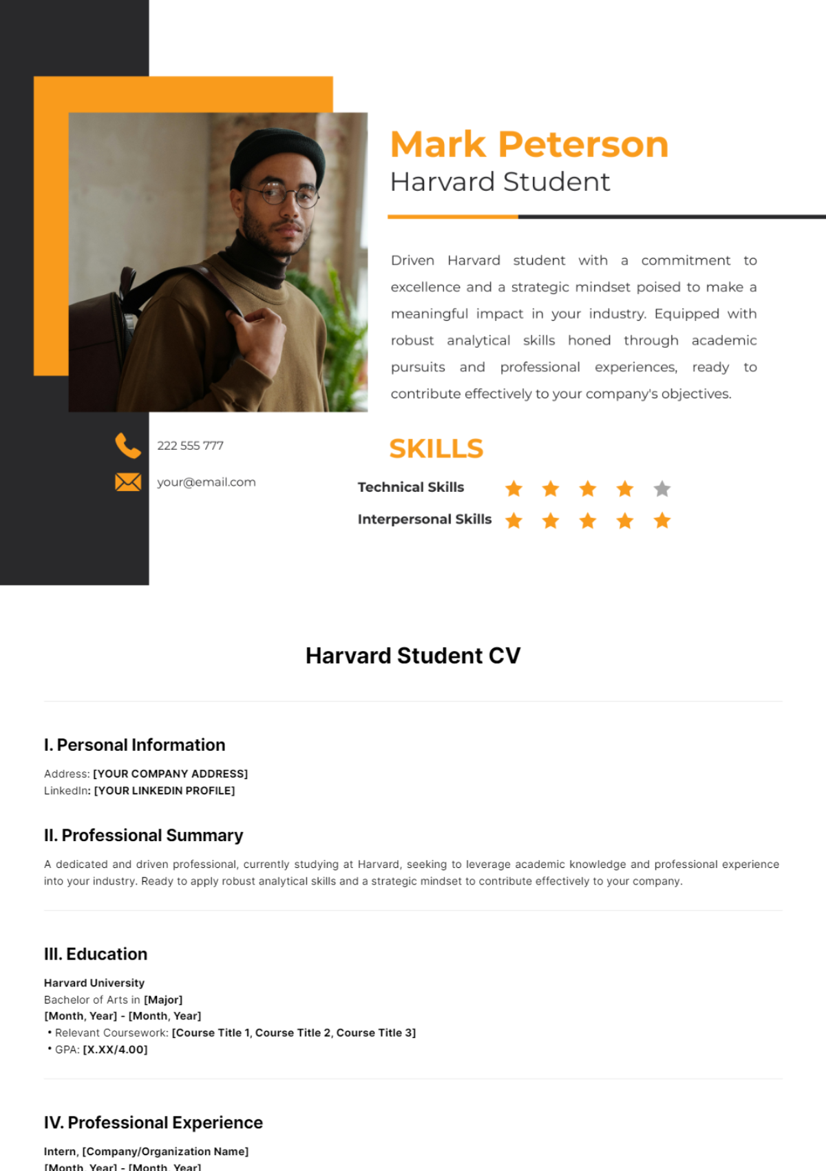 Free Harvard Student CV Template