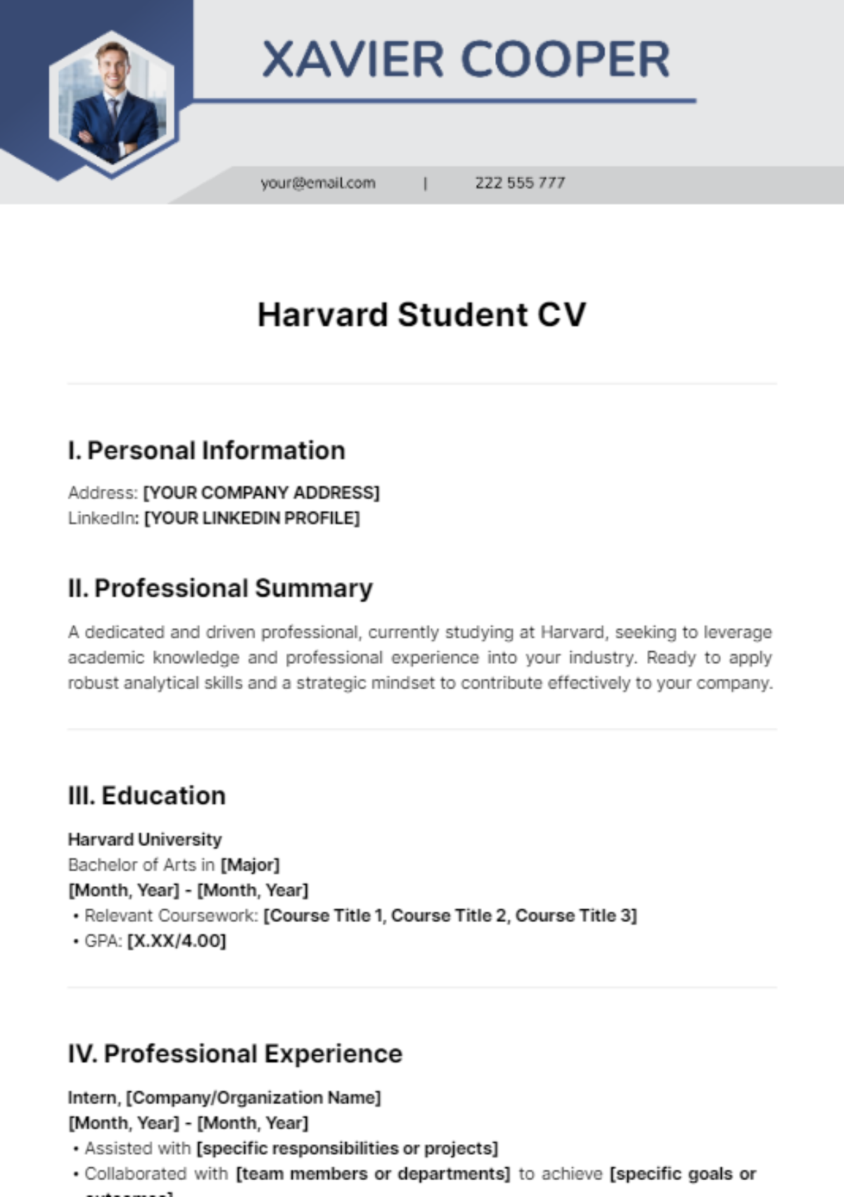 Harvard Student CV Template
