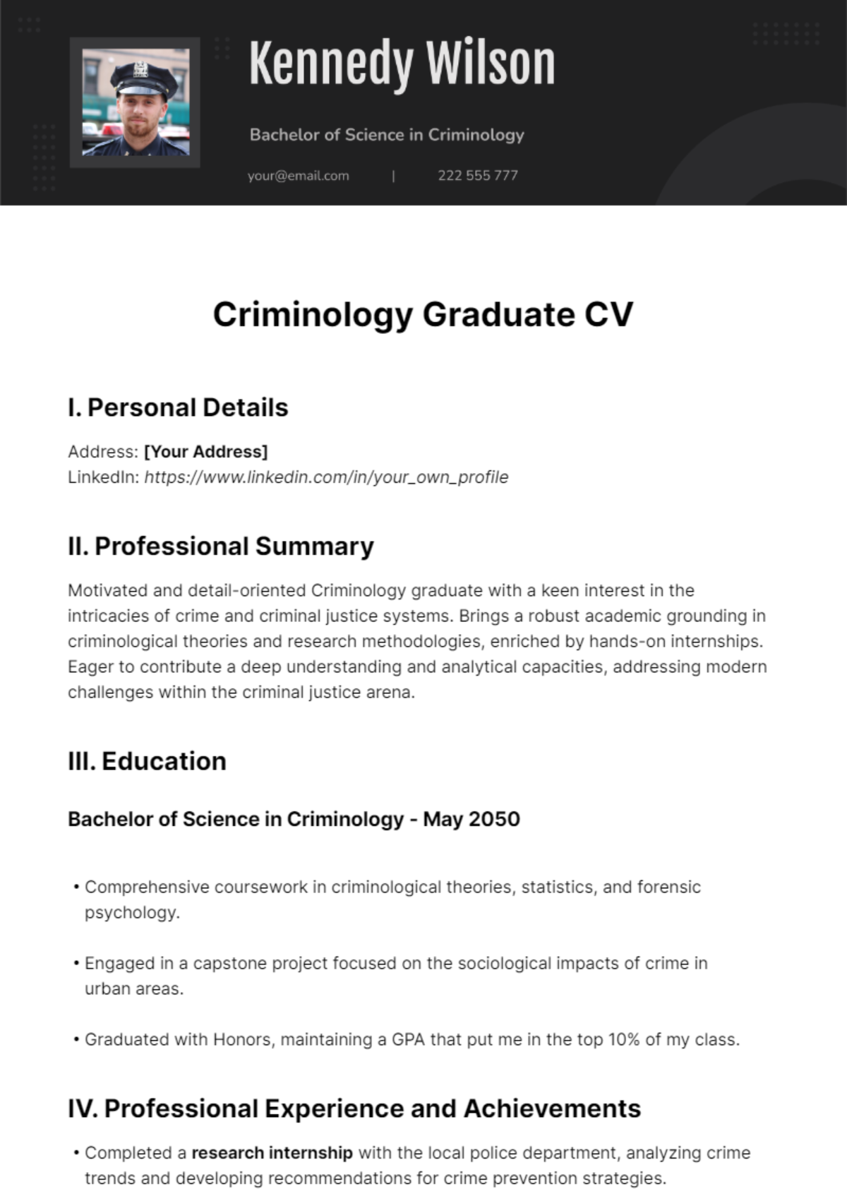 Free Criminology Graduate CV Template