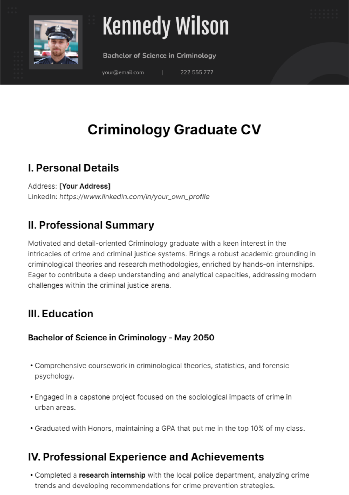 Criminology Graduate CV Template - Edit Online & Download