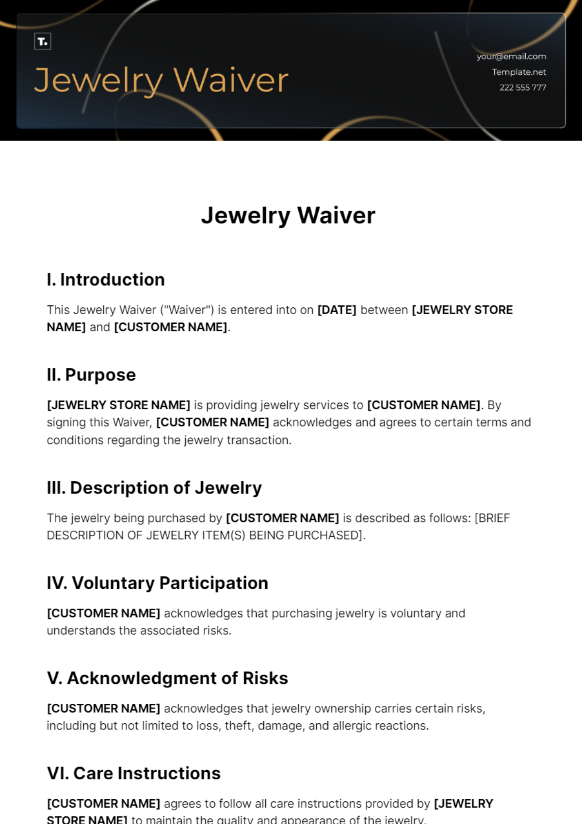 Jewelry Waiver Template