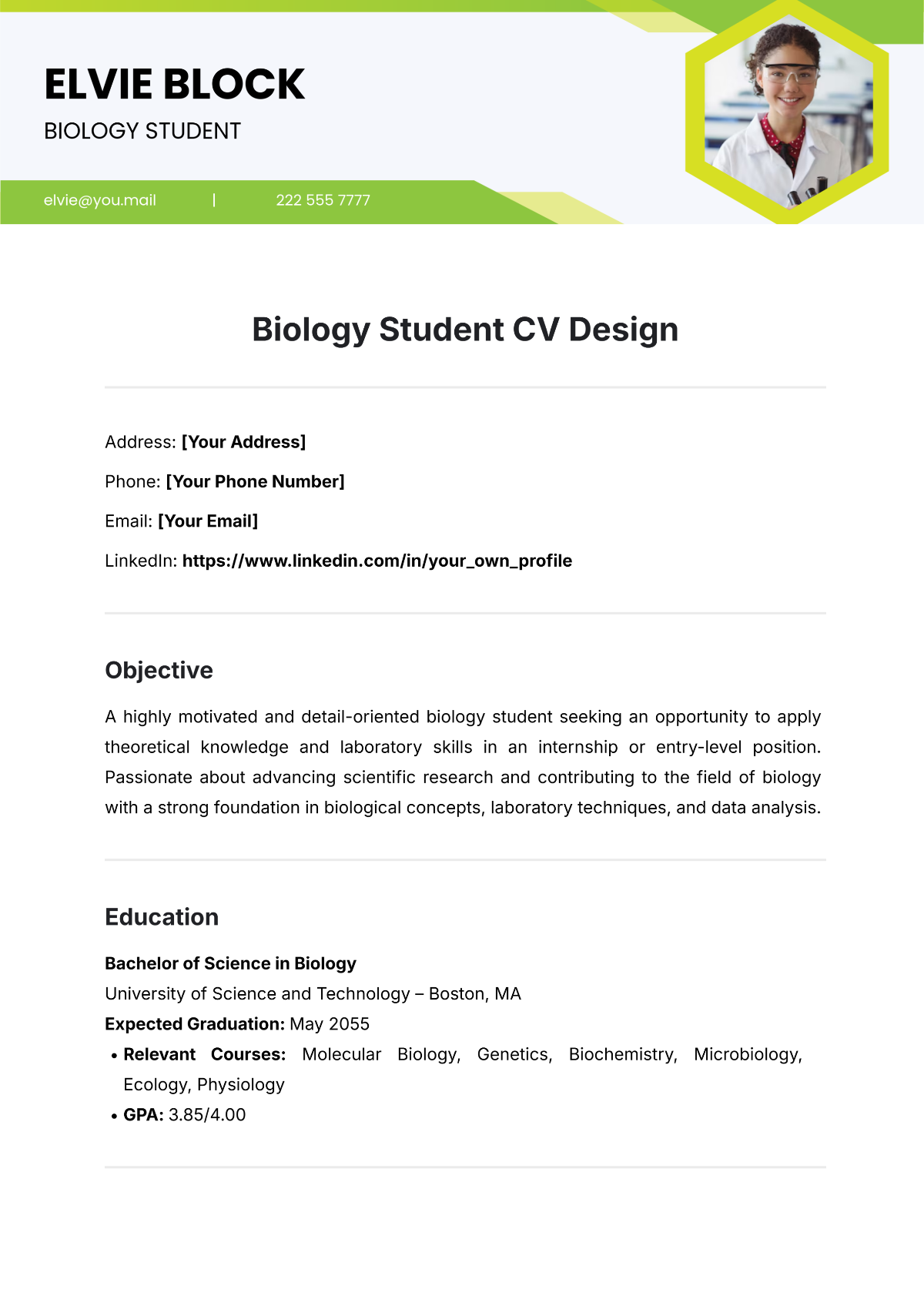 Free Biology Student CV Design Template