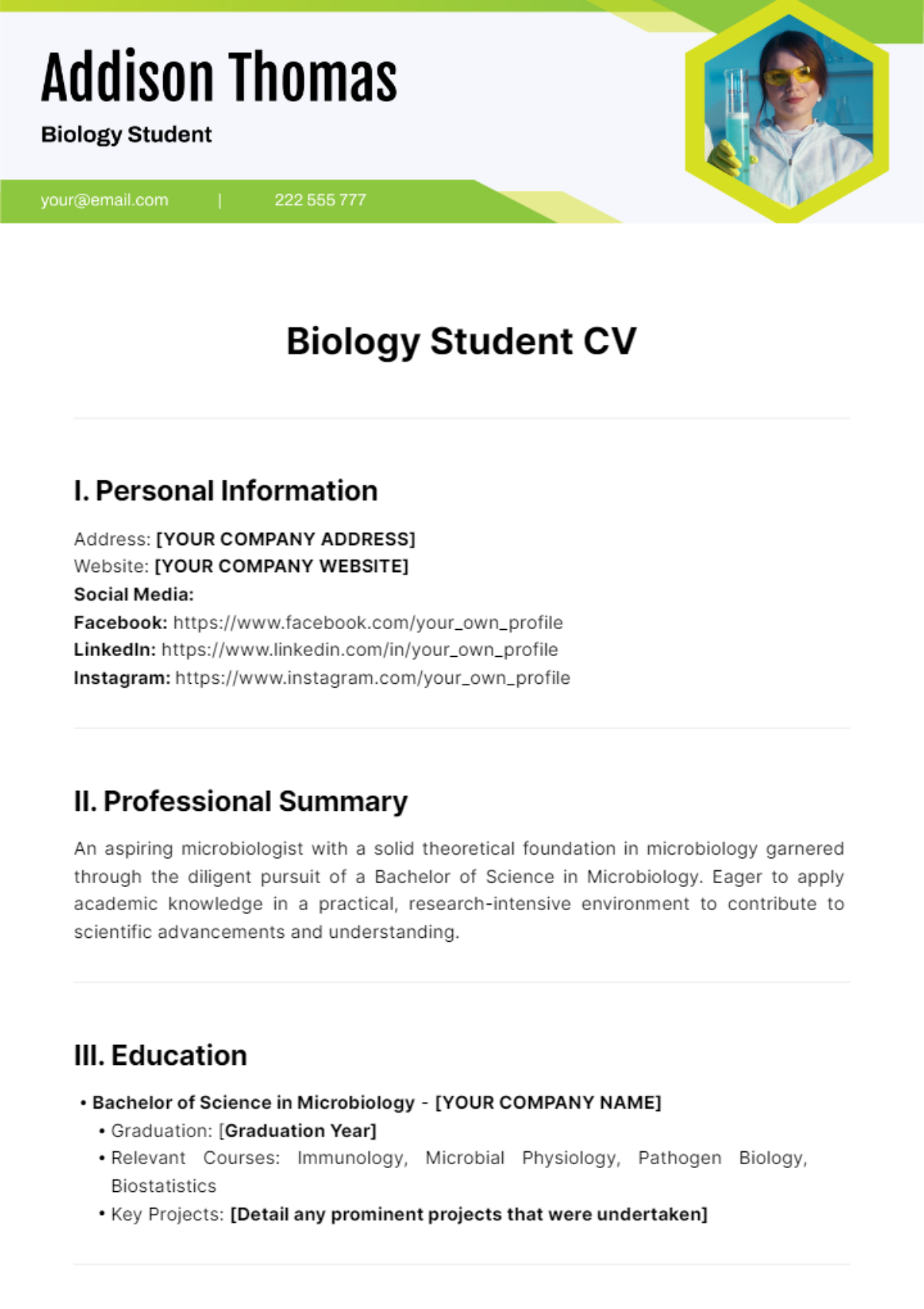 Free Biology Student CV Template