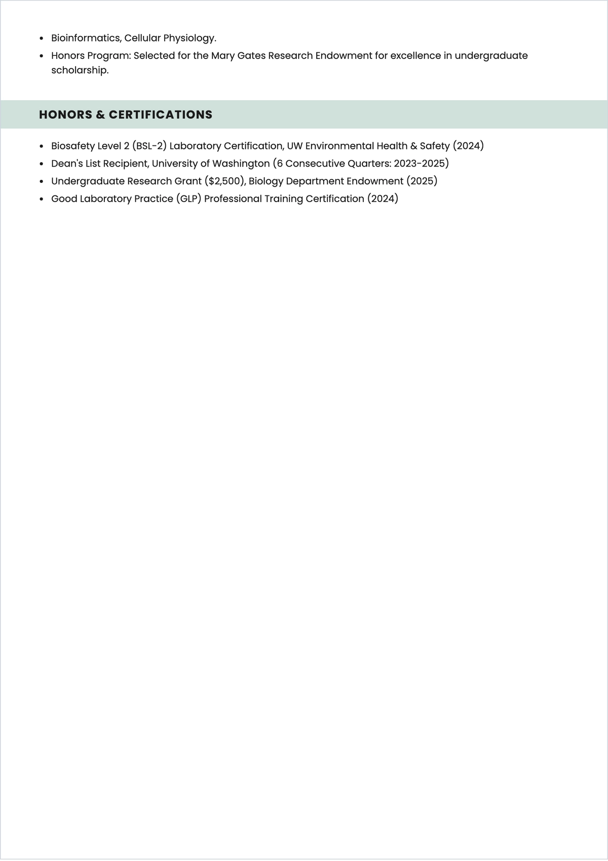 Free Biology Student ATS CV Template, AI CV Builder