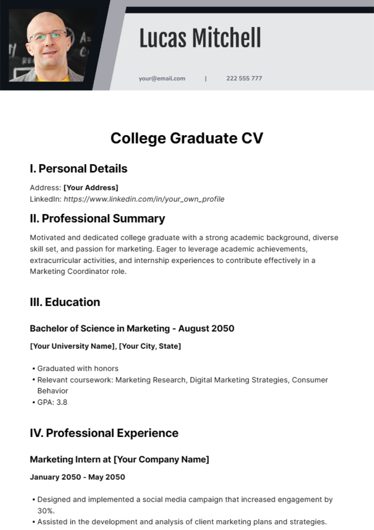 College Graduate CV Template - Edit Online & Download