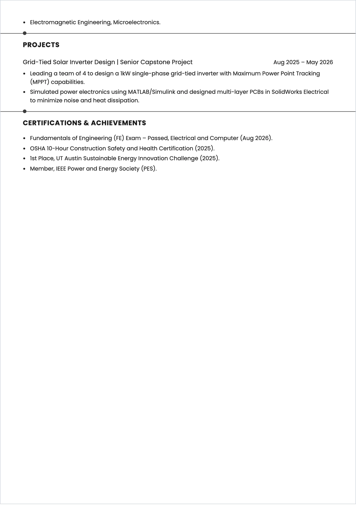 Free Electrical Engineer Student ATS CV Template, AI CV Builder