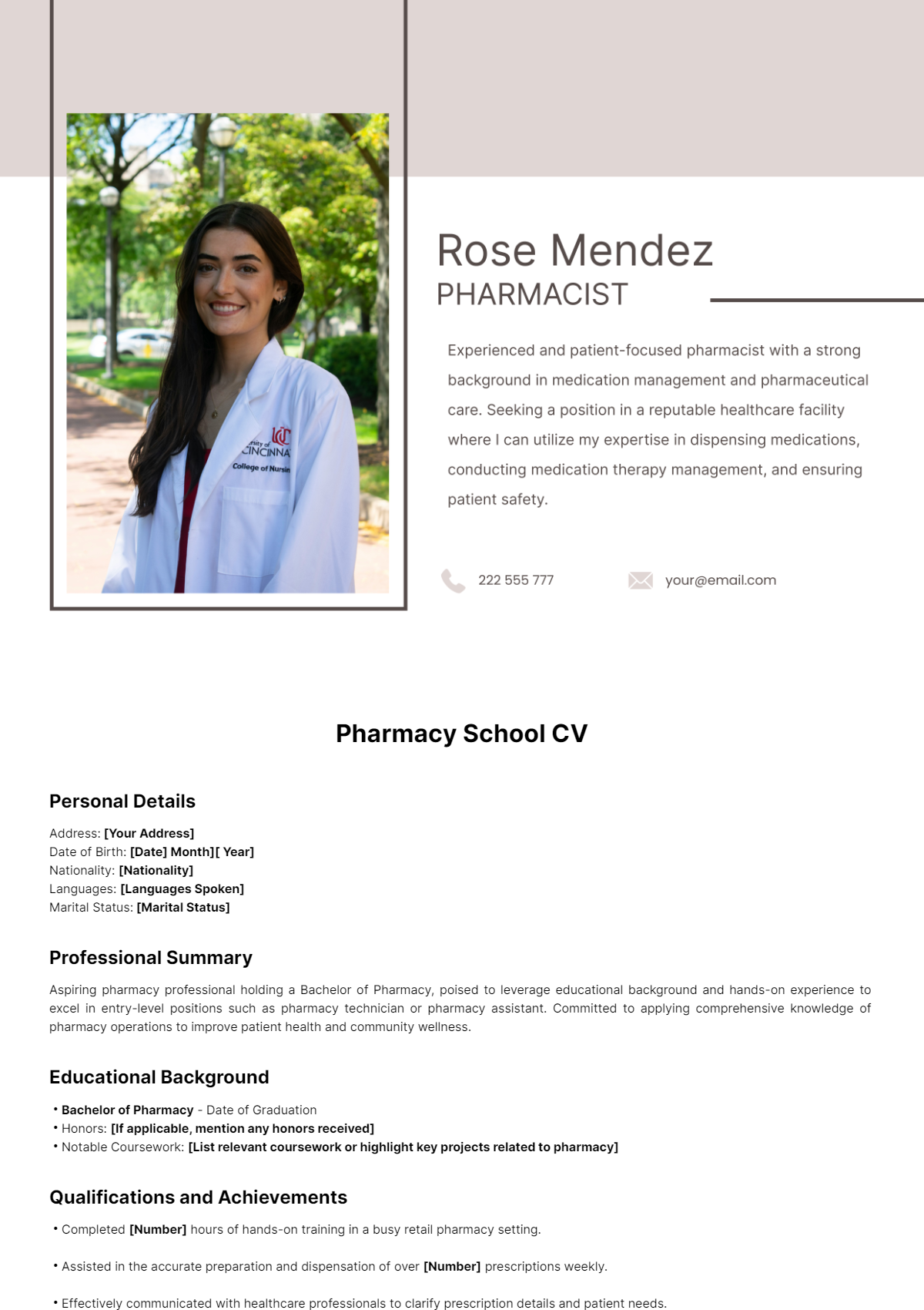 Pharmacy School CV Template - Edit Online & Download