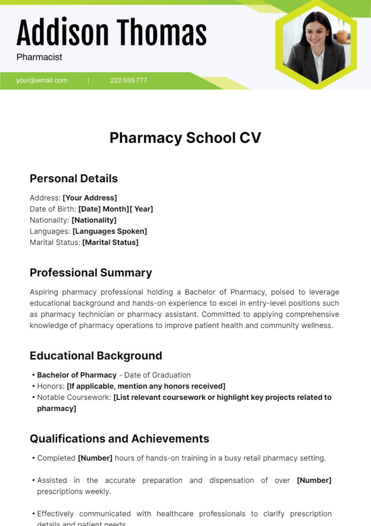 Pharmacy School CV Template
