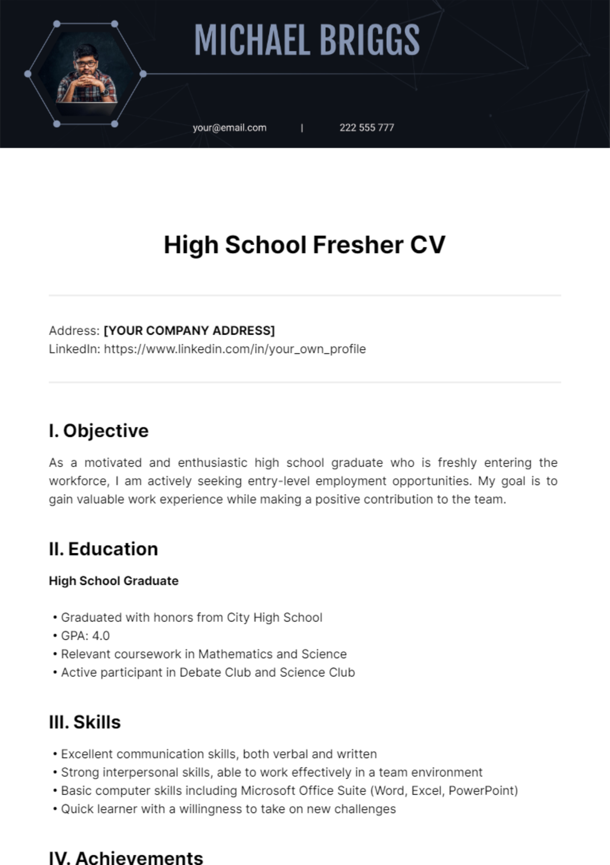 High School Fresher CV Template