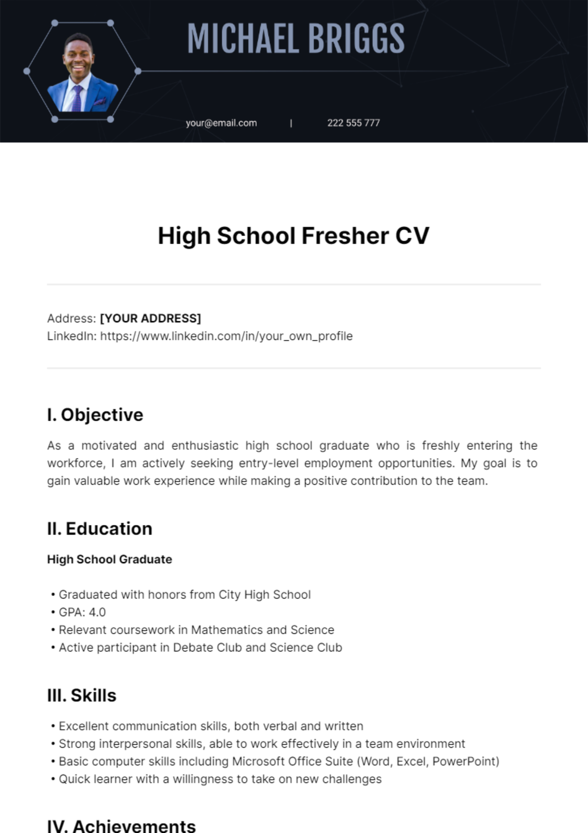 High School Fresher CV Template - Edit Online & Download