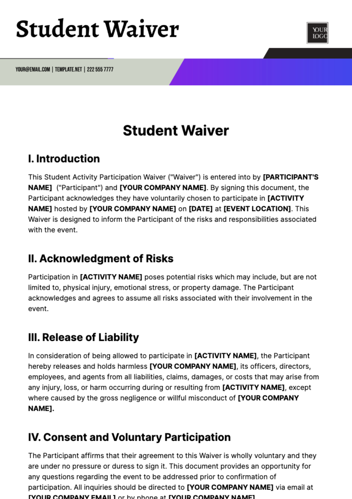 Free Student Waiver Template