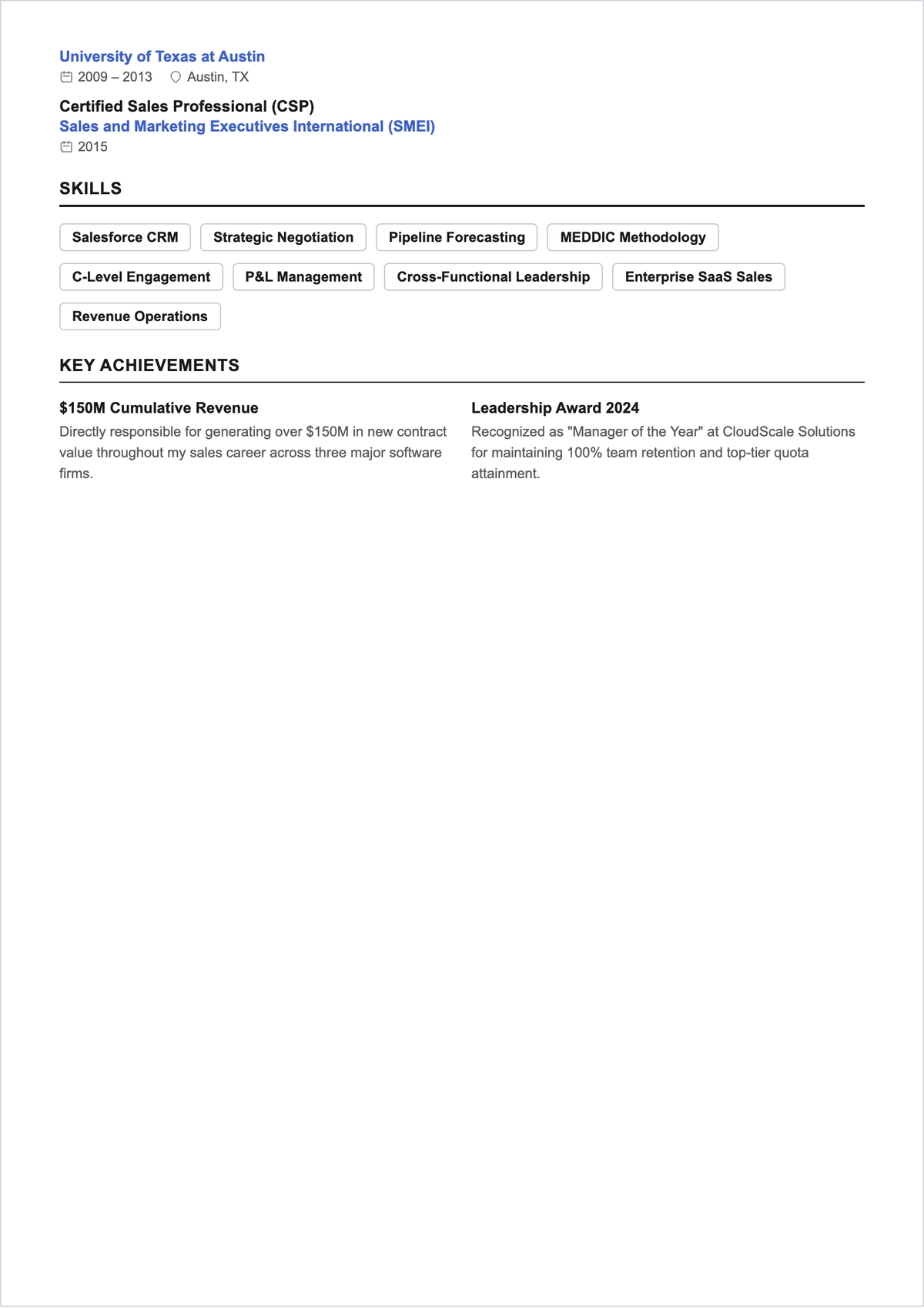 Free Sales Manager ATS CV Template, AI CV Builder
