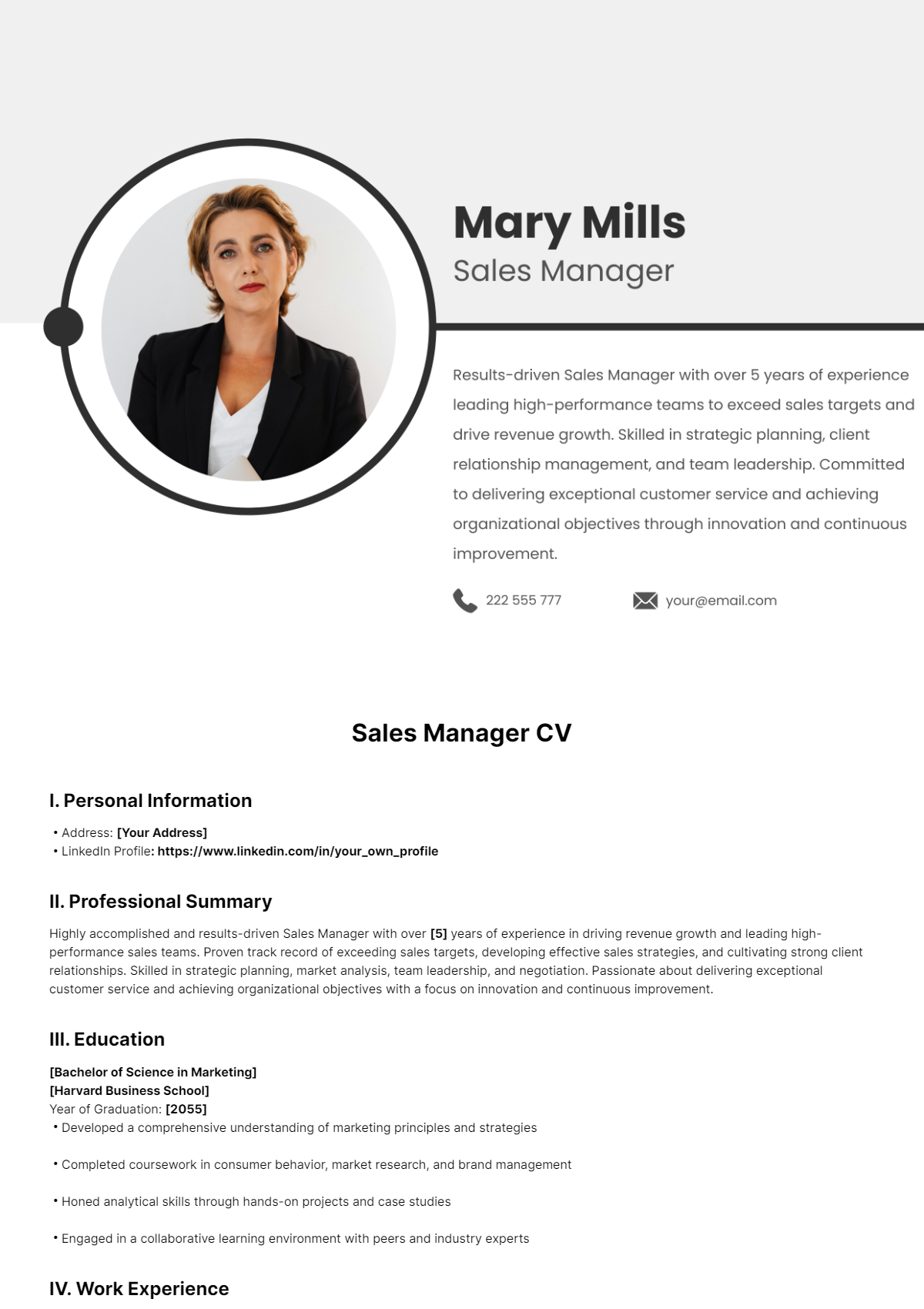 Sales Manager CV Template - Edit Online & Download