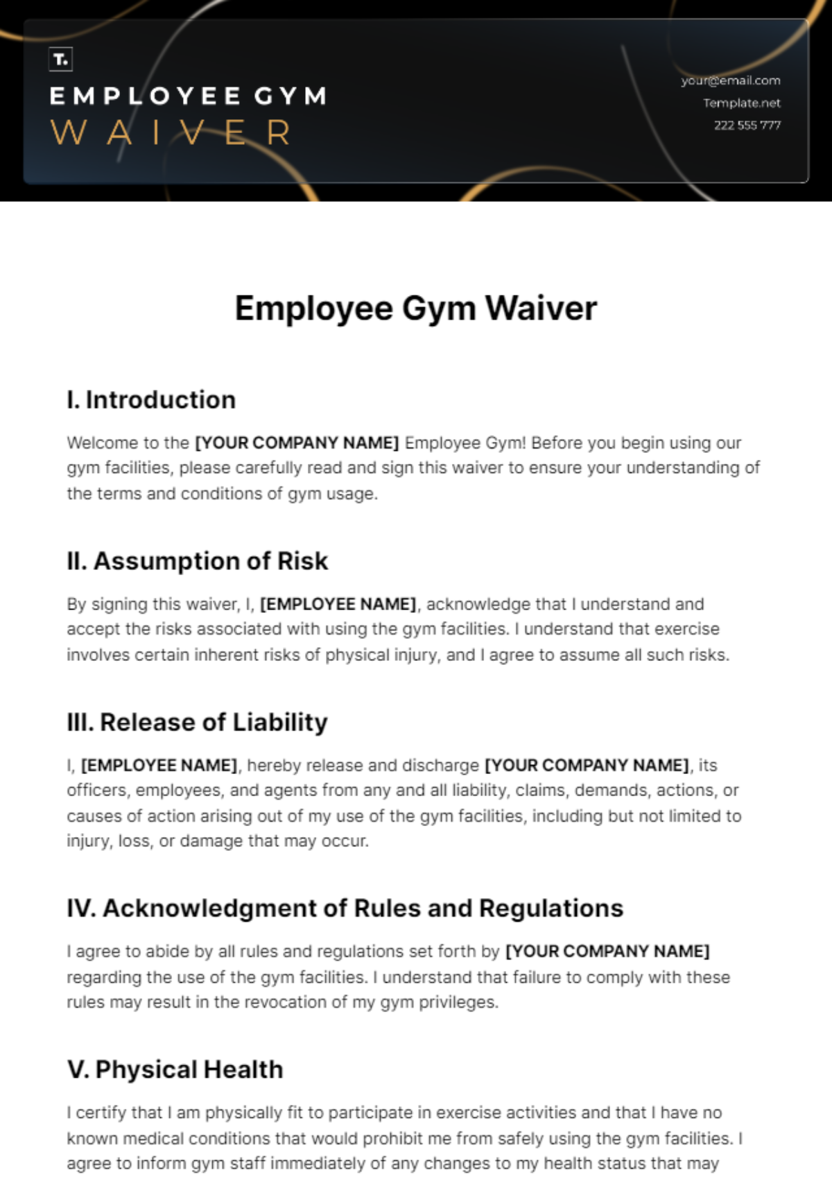Free Employee Gym Waiver Template