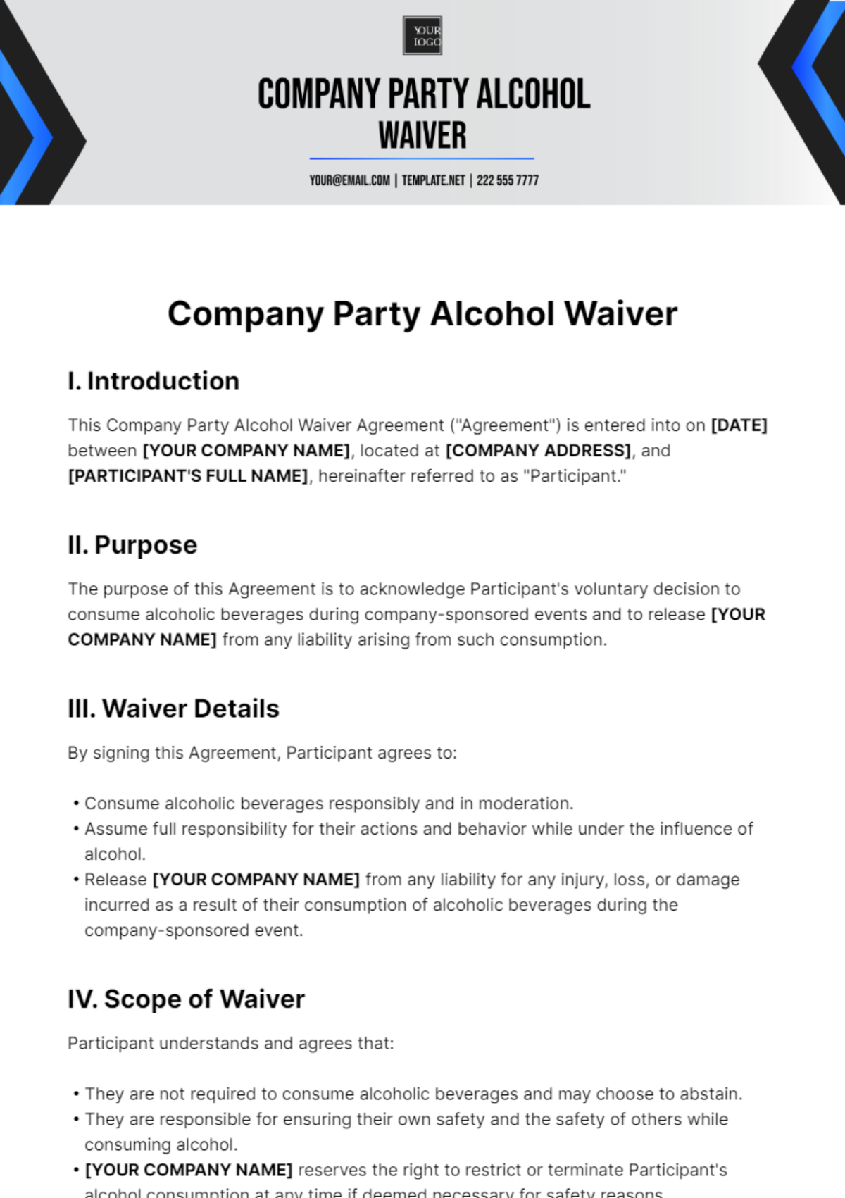 Free Company Party Alcohol Waiver Template