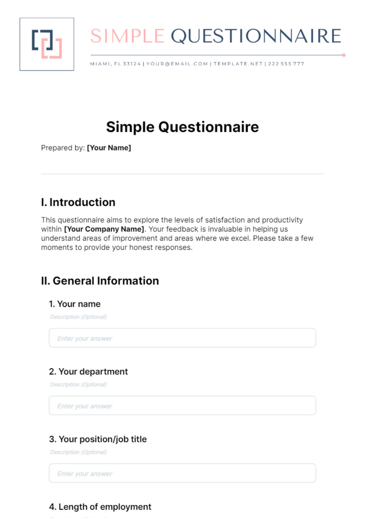 Simple Questionnaire Form Template